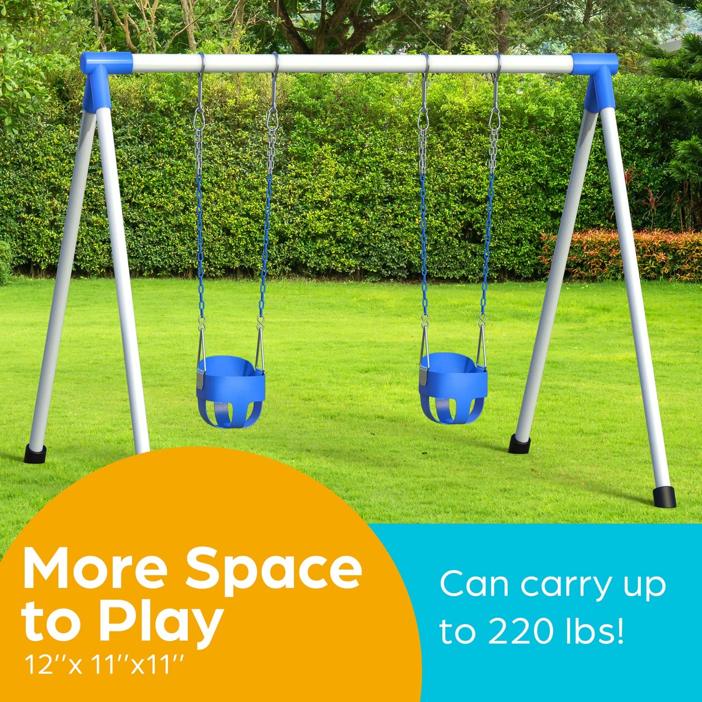 Jungle Gym Kingdom Toddler Swing - Heavy Duty Full Bucket Seat with Coated Chains, Blue – Fully Assembled