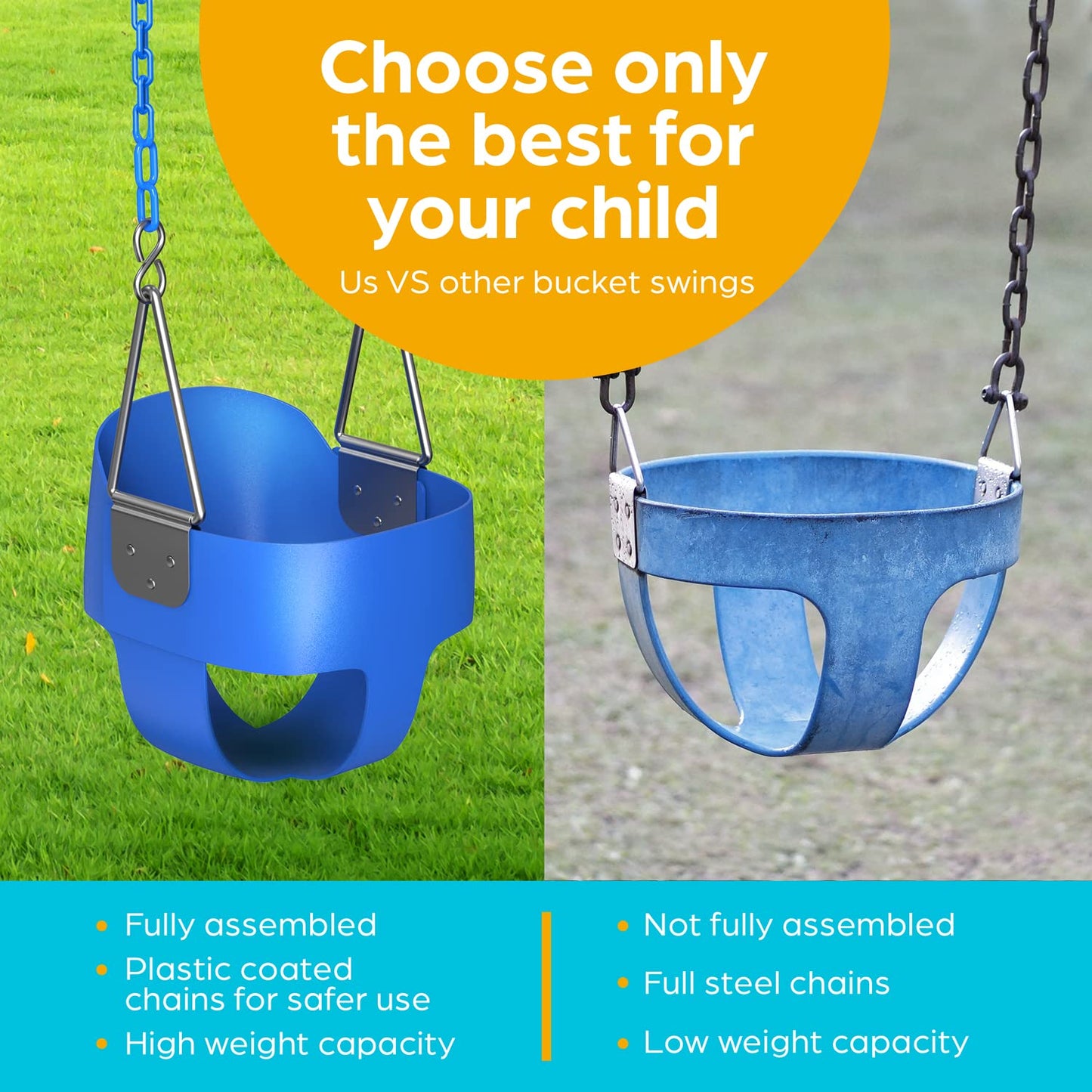 Jungle Gym Kingdom Toddler Swing - Heavy Duty Full Bucket Seat with Coated Chains, Blue – Fully Assembled