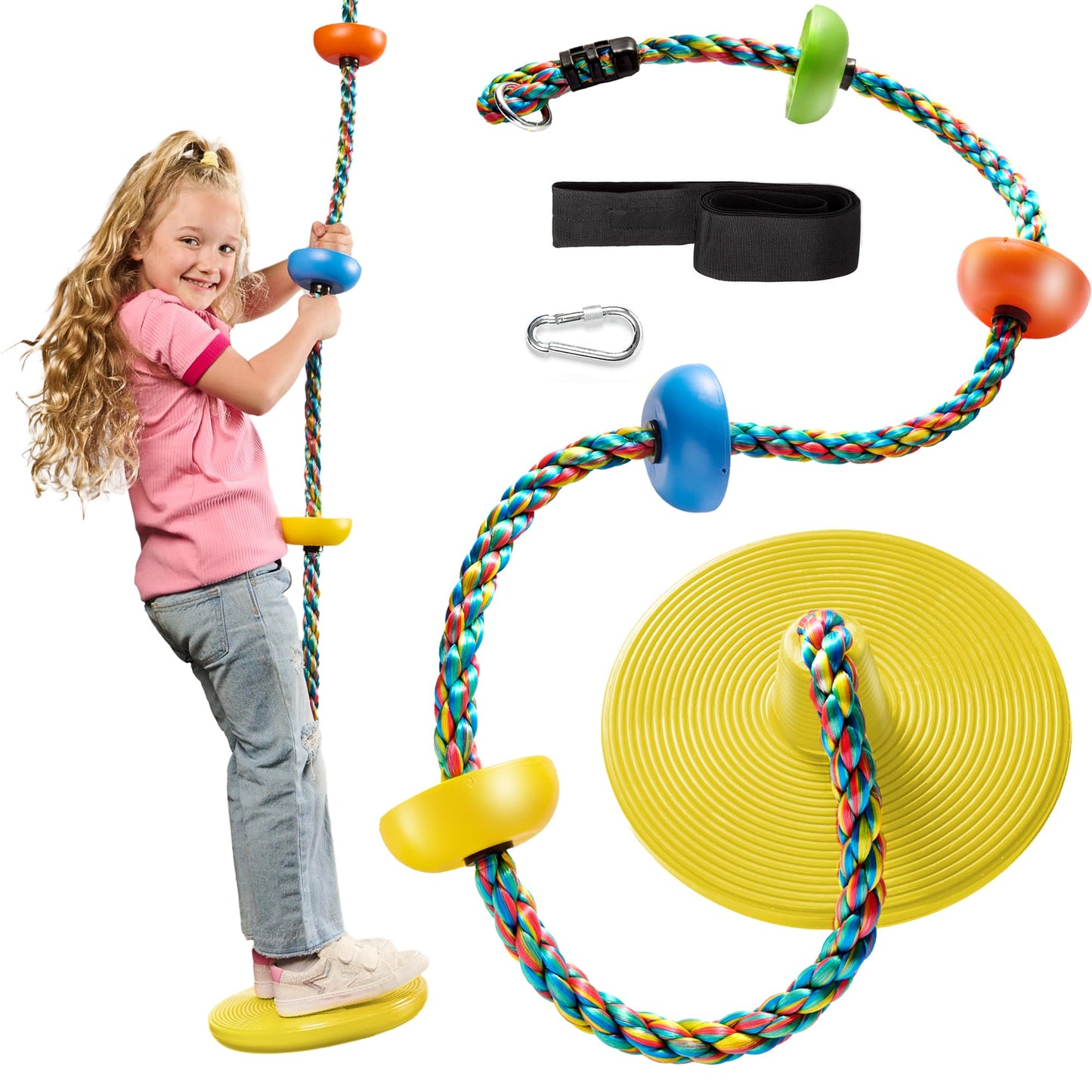 Jungle Gym Kingdom Tree Swing for Kids – Disc Seat & Rainbow Rope with Carabiner (Yellow)