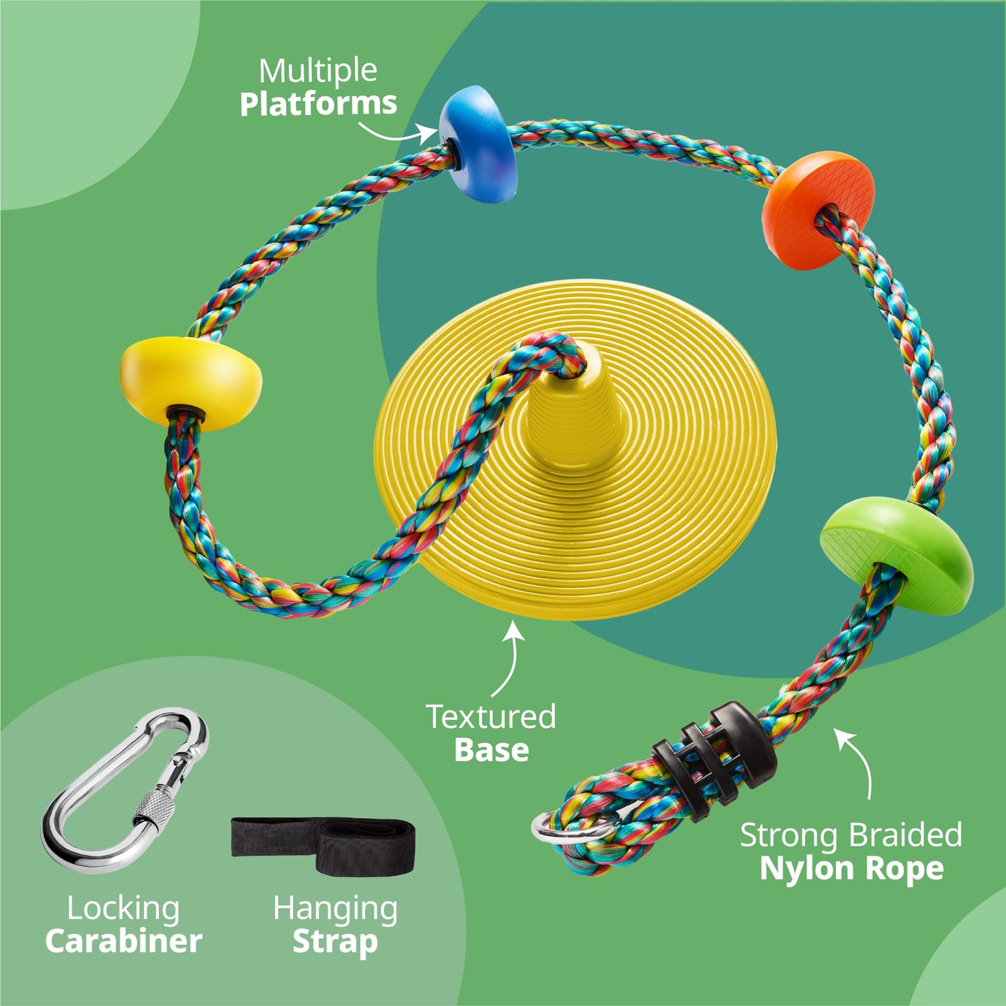 Jungle Gym Kingdom Tree Swing for Kids – Disc Seat & Rainbow Rope with Carabiner (Yellow)