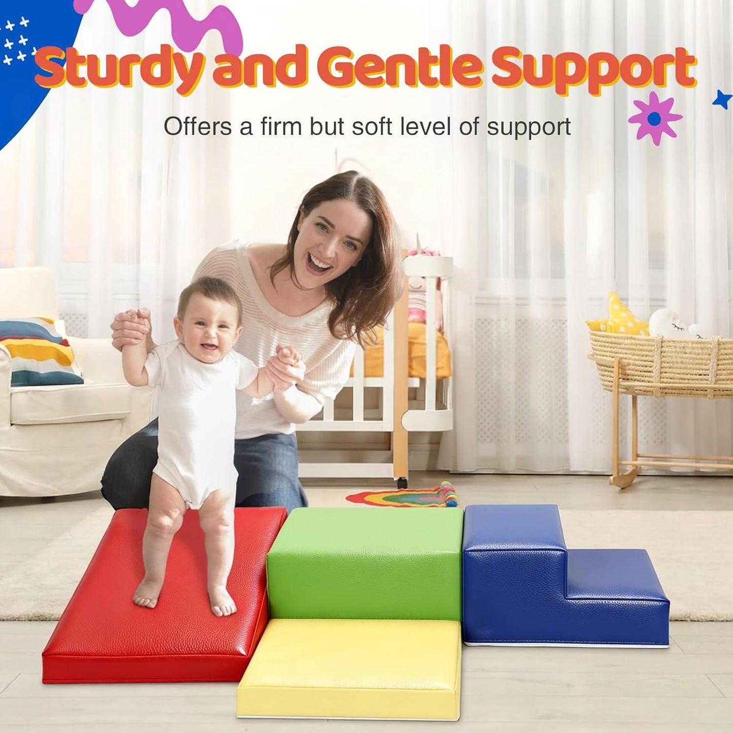 JungleDove 4-Piece PU Leather Foam Climbing Blocks for Toddlers – Indoor Soft Play Set (Red Yellow Blue)