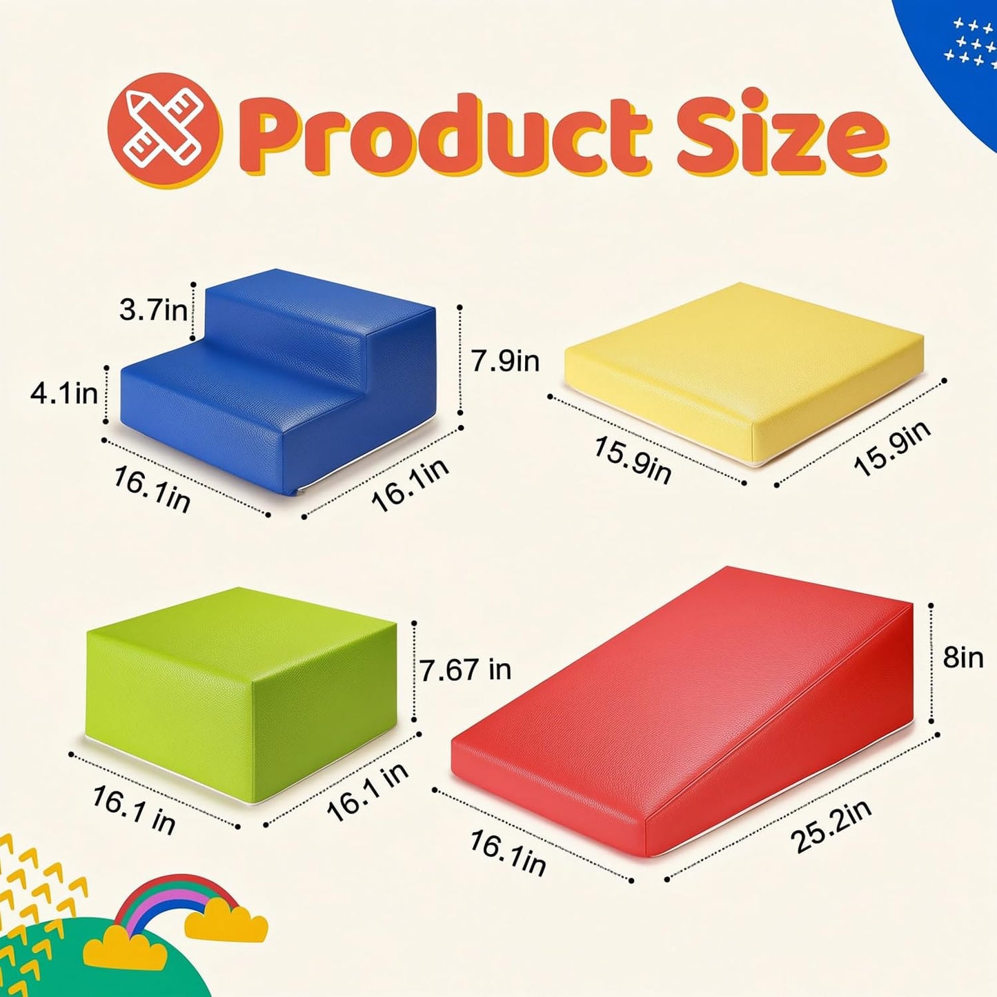 JungleDove 4-Piece PU Leather Foam Climbing Blocks for Toddlers – Indoor Soft Play Set (Red Yellow Blue)