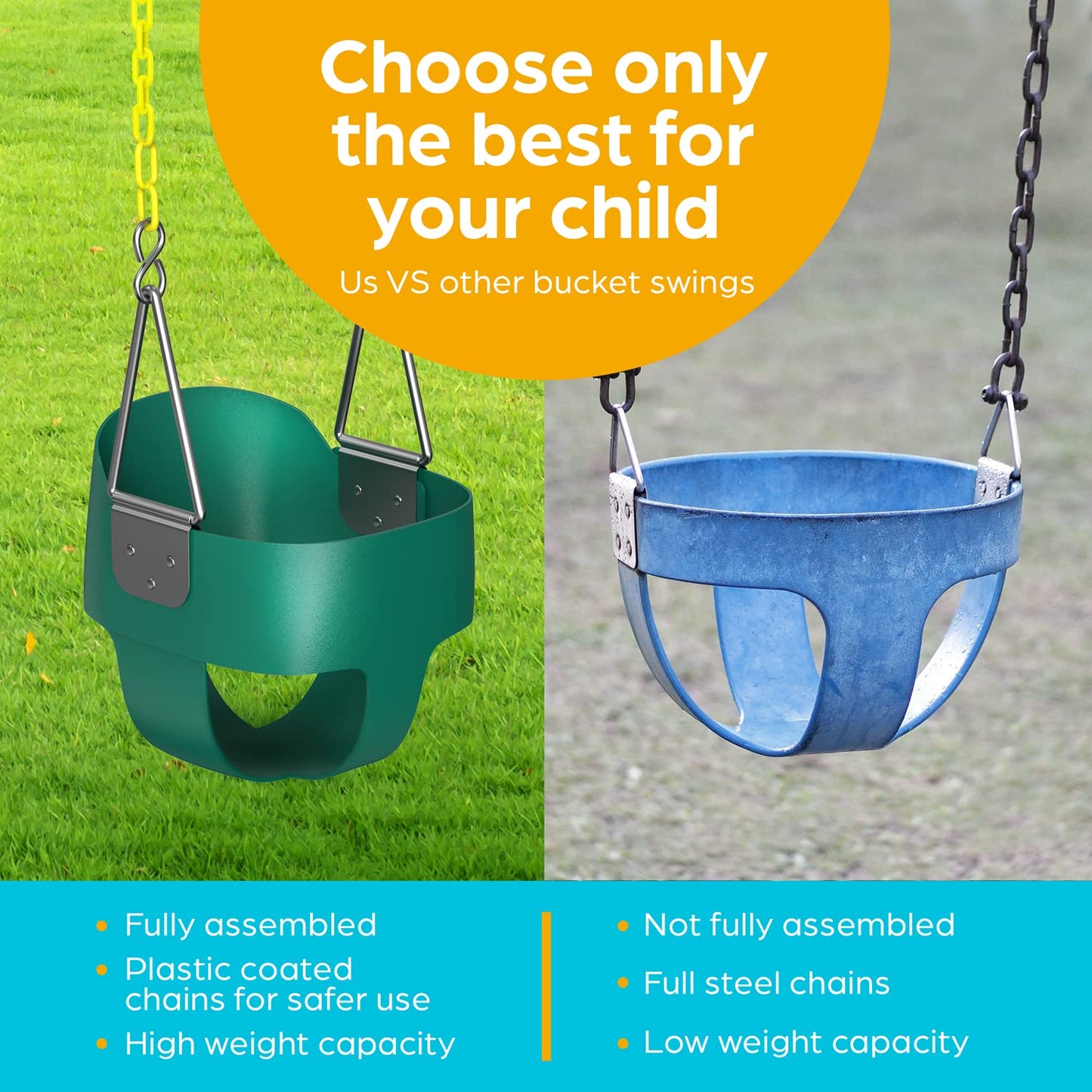 Jungle Gym Kingdom Baby Swing Outdoor – Heavy Duty High-Back Bucket Seat, Coated Chains, Fully Assembled