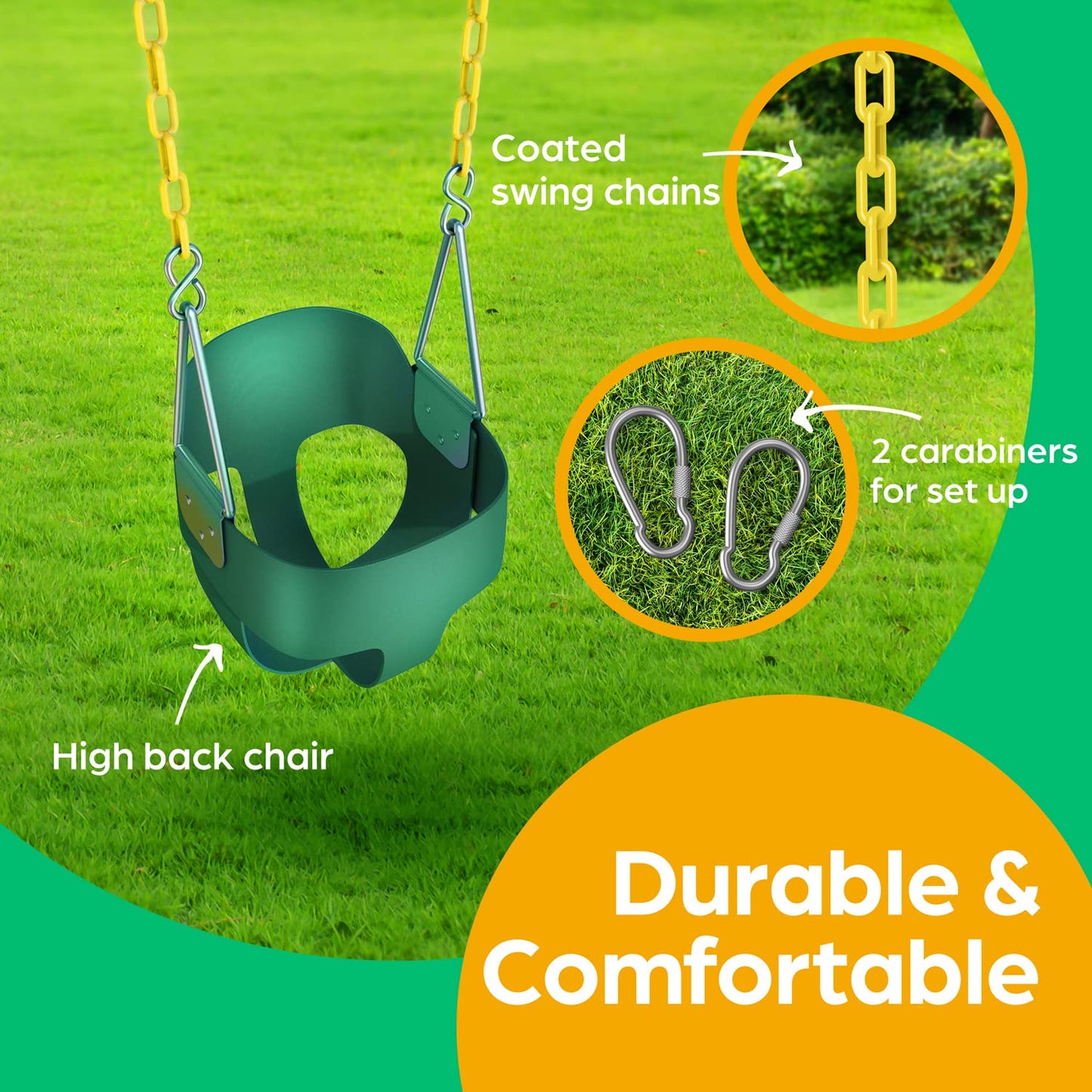 Jungle Gym Kingdom Baby Swing Outdoor – Heavy Duty High-Back Bucket Seat, Coated Chains, Fully Assembled