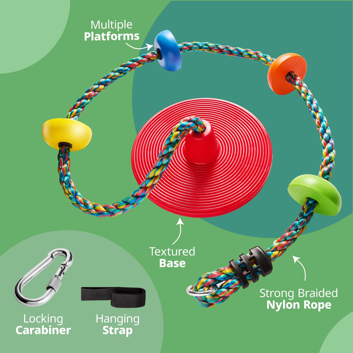 Jungle Gym Kingdom Tree Swing for Kids – Disc Seat & Rainbow Rope, Carabiner, 4ft Strap – Red