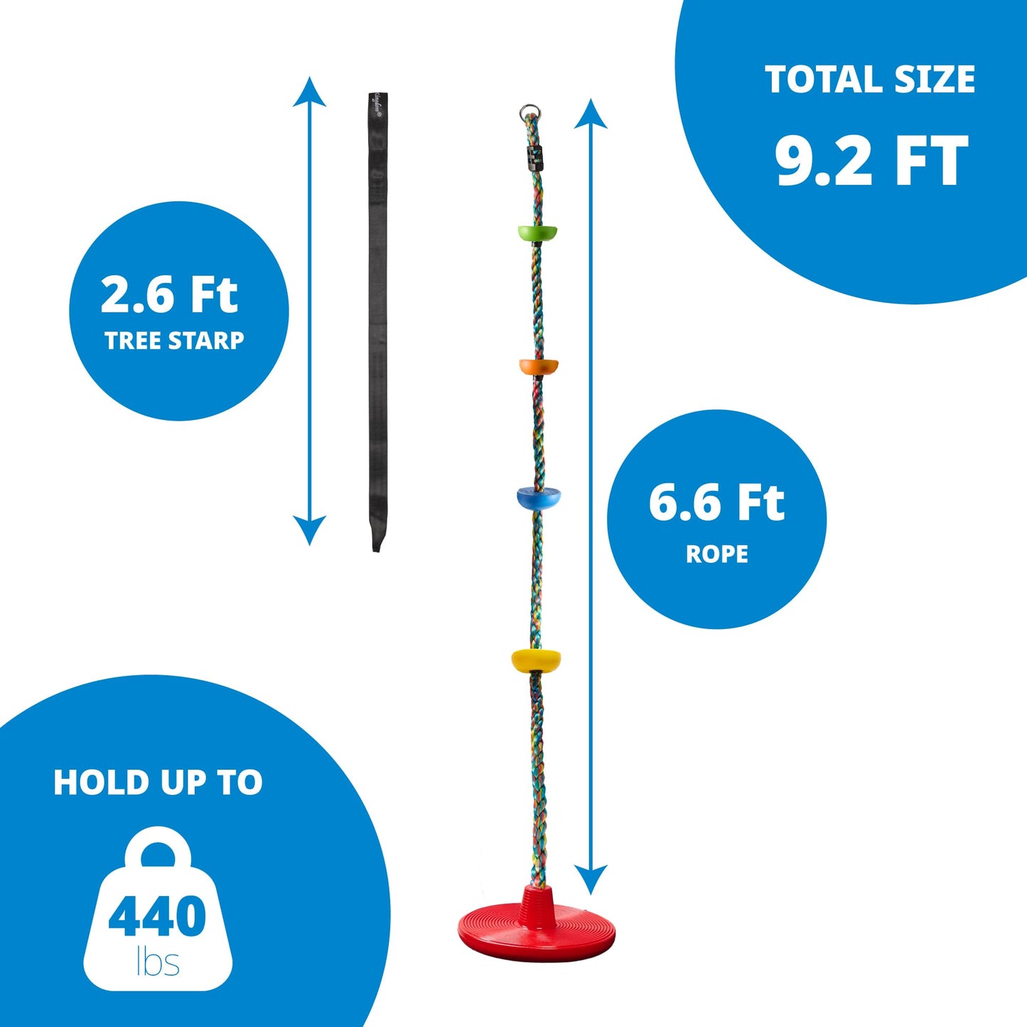 Jungle Gym Kingdom Tree Swing for Kids – Disc Seat & Rainbow Rope, Carabiner, 4ft Strap – Red