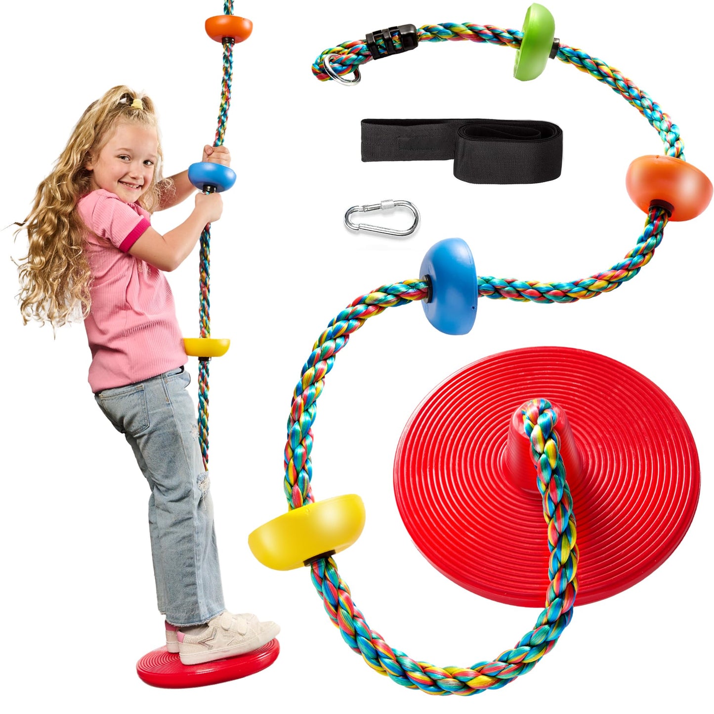 Jungle Gym Kingdom Tree Swing for Kids – Disc Seat & Rainbow Rope, Carabiner, 4ft Strap – Red