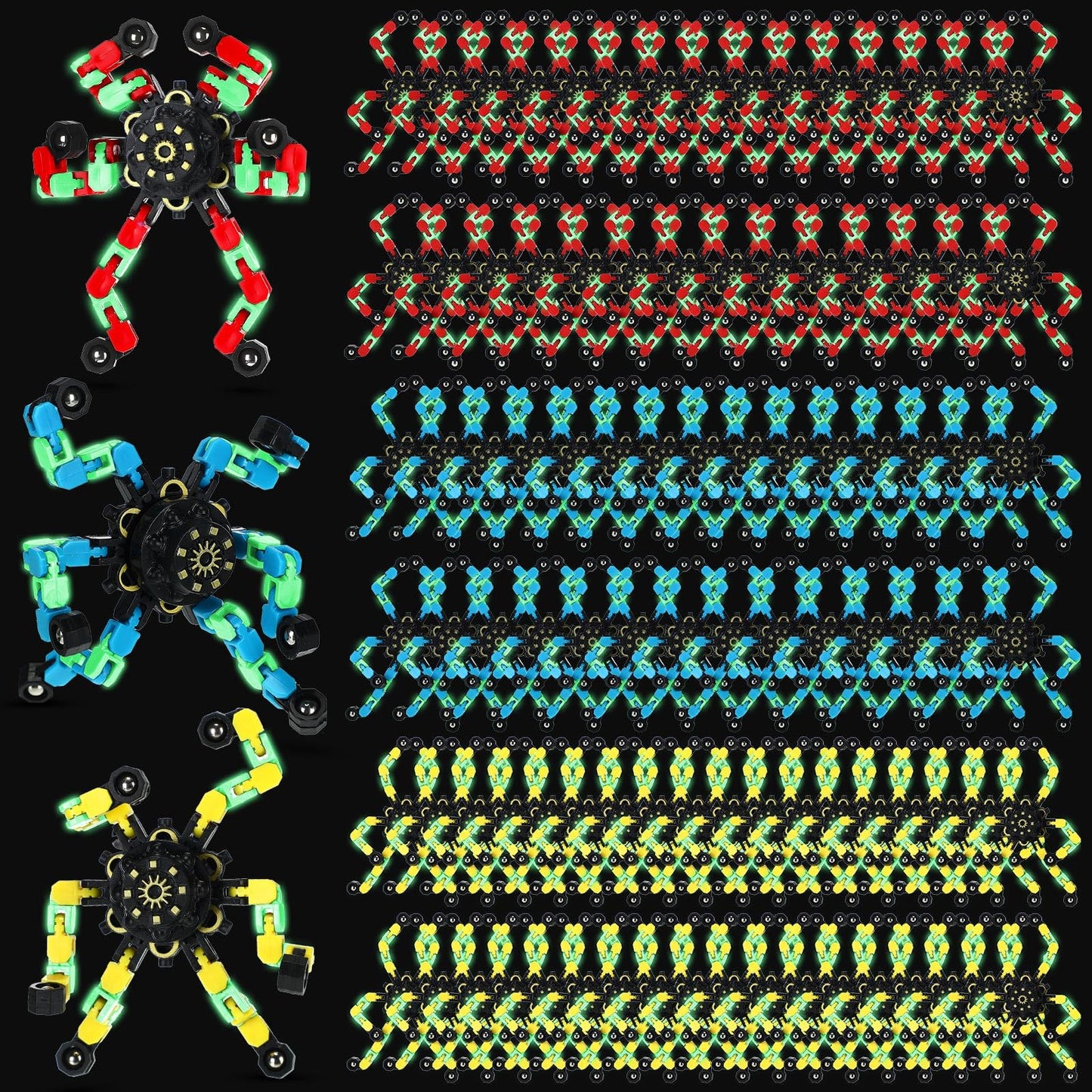 Junkin 100 Pcs Glow Transformable Chain Robot Fidget Toys – Stress Relief Spinners