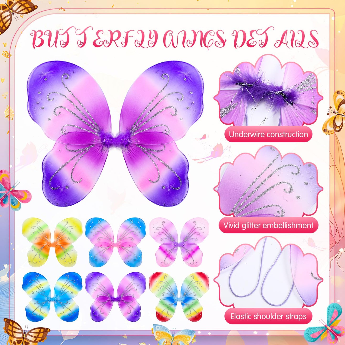 Junkin 36 Pcs Fairy Wings for Kids – Gradient Color Butterfly Costume Wings