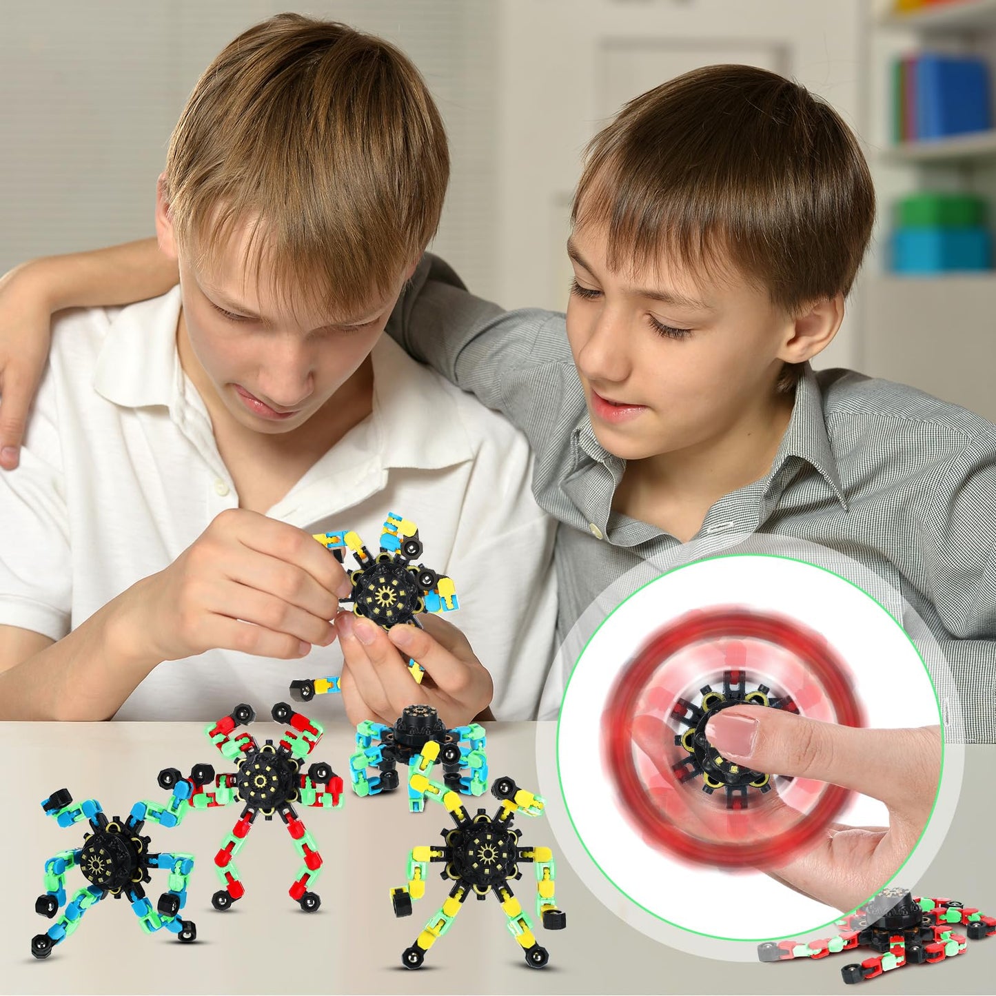 Junkin 100 Pcs Glow Transformable Chain Robot Fidget Toys – Stress Relief Spinners