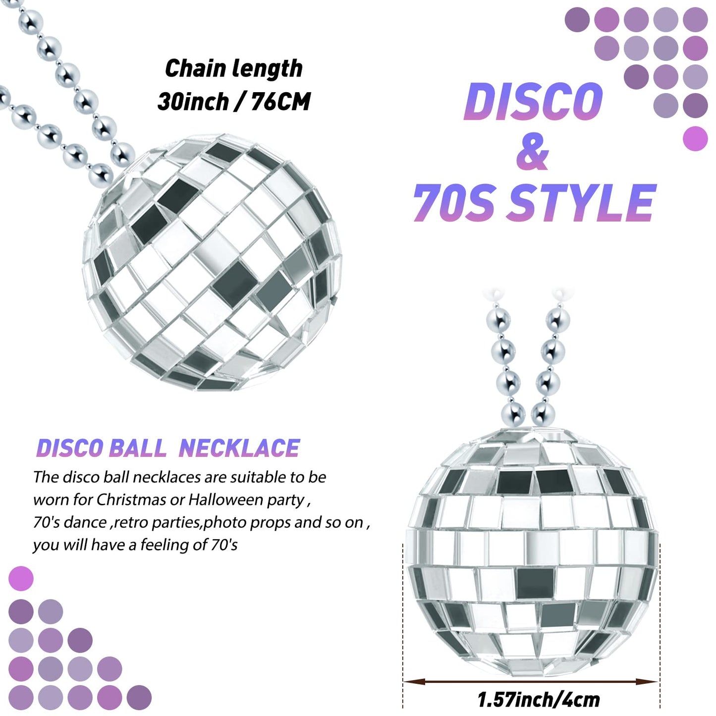 Junkin 48-Piece Disco Necklace Set | 1.57-Inch Mirror Ball Favors – Silver