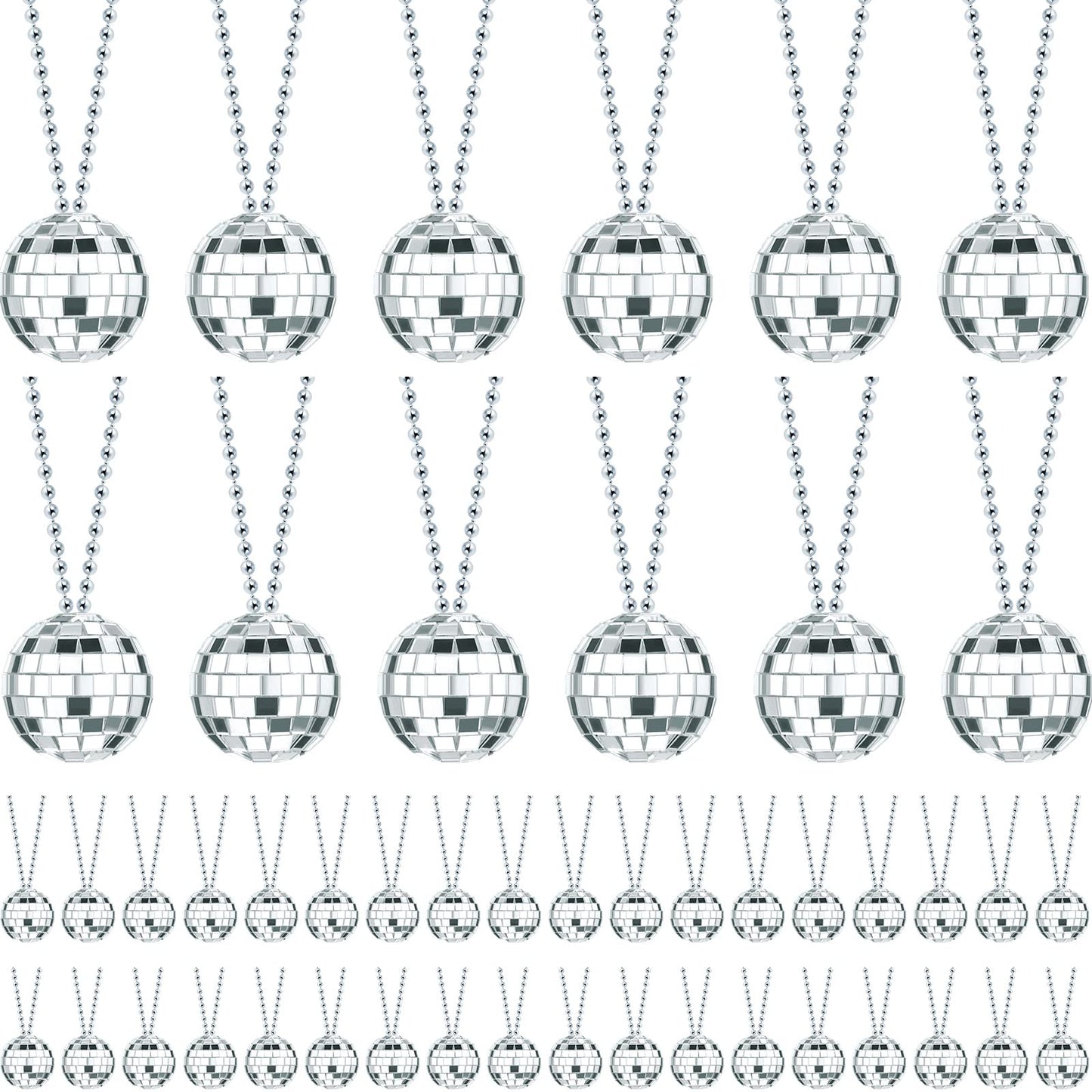 Junkin 48-Piece Disco Necklace Set | 1.57-Inch Mirror Ball Favors – Silver