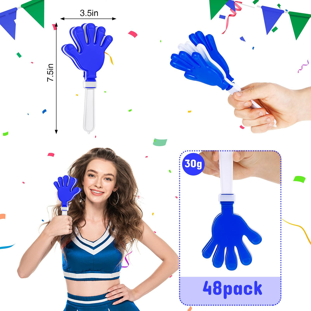 Junkin 48 Pcs Hand Clappers Bulk – 7.5 x 3.5 Inches Blue & White Noise Makers for Parties and Sports