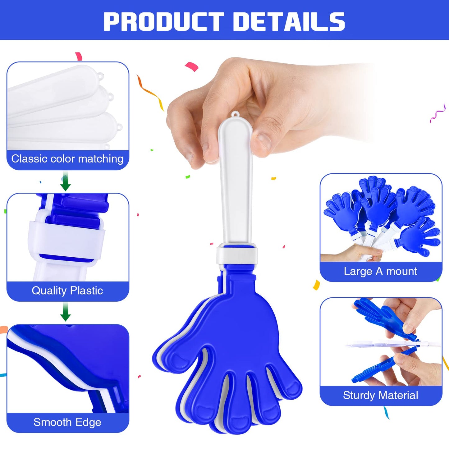 Junkin 48 Pcs Hand Clappers Bulk – 7.5 x 3.5 Inches Blue & White Noise Makers for Parties and Sports