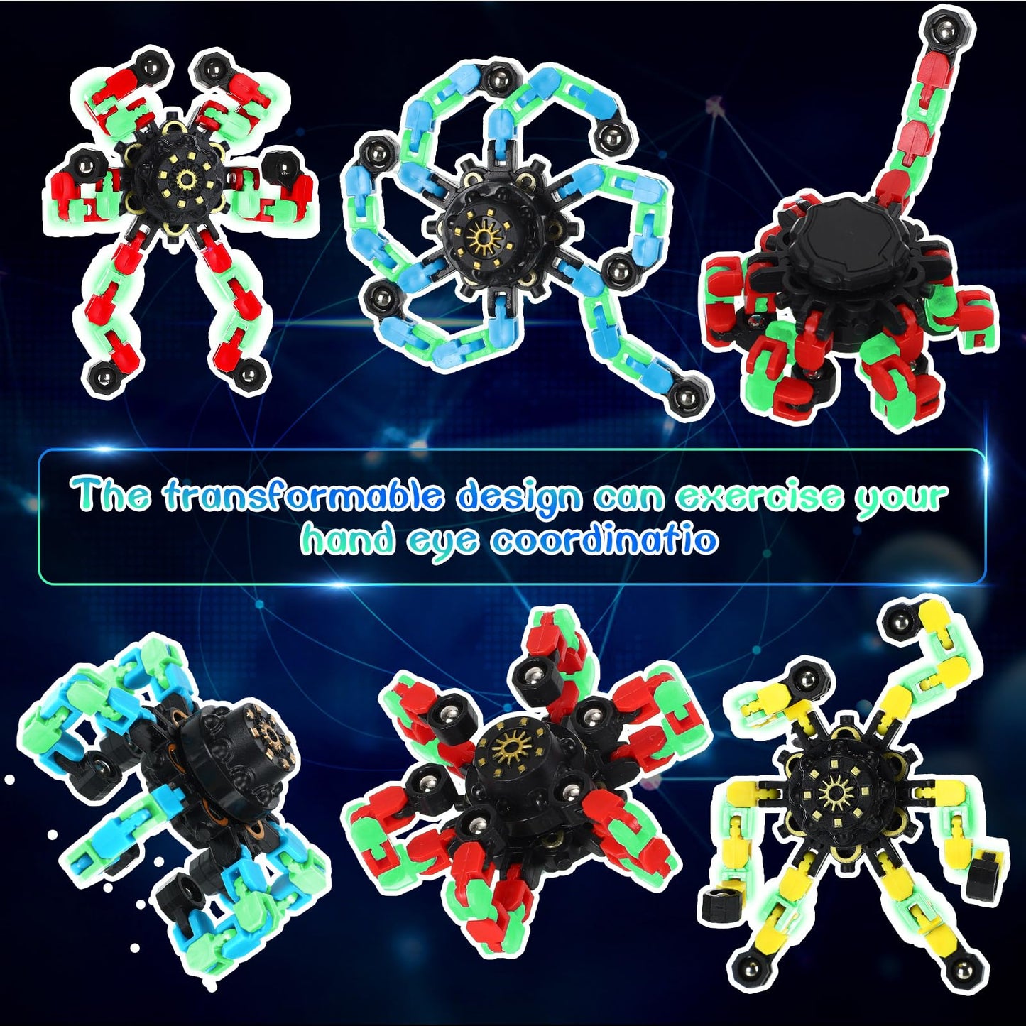 Junkin 100 Pcs Glow Transformable Chain Robot Fidget Toys – Stress Relief Spinners