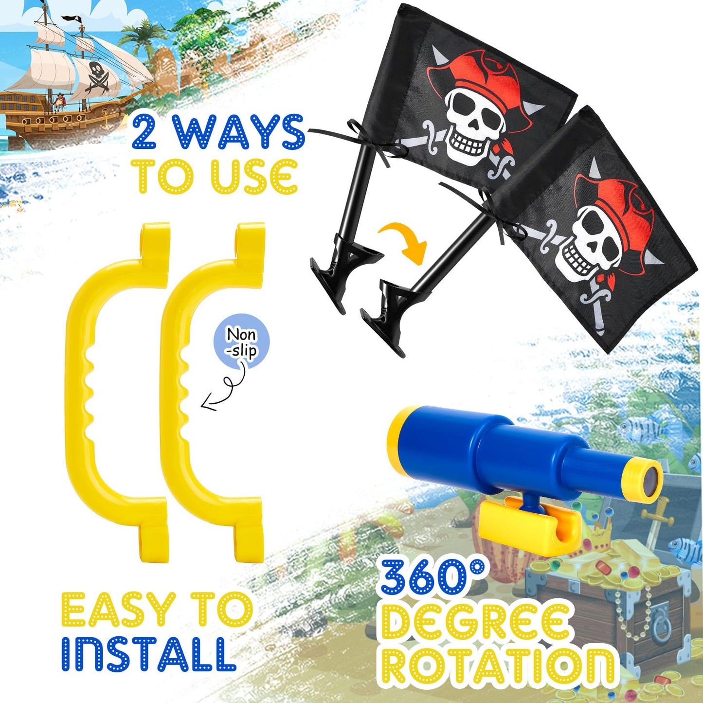 Junkin 5 Pcs Pirate Playset Accessories – Steering Wheel, Telescope, Safety Handles & Flag (Blue)