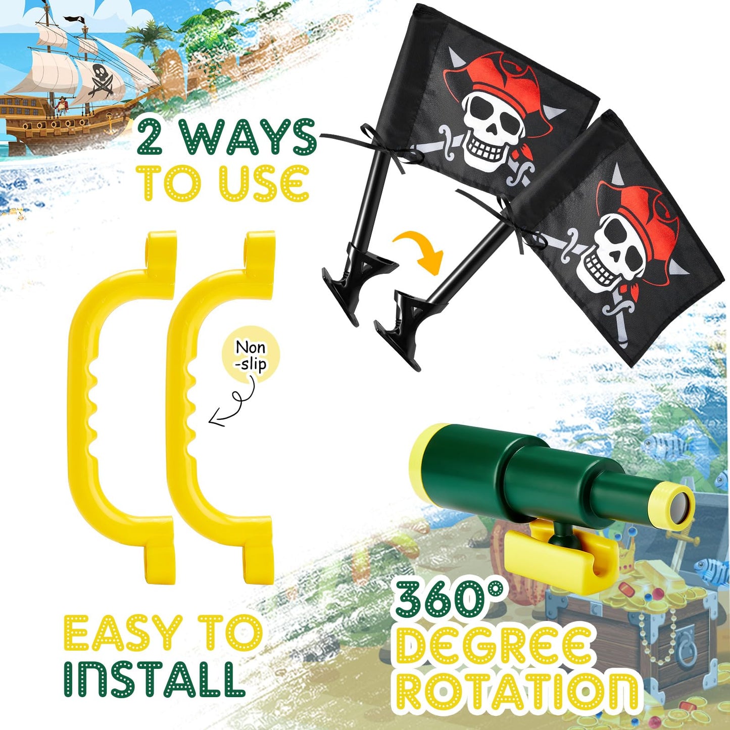 Junkin 5 Pcs Pirate Playset Accessories – Steering Wheel, Telescope, Safety Handles & Flag (Green)
