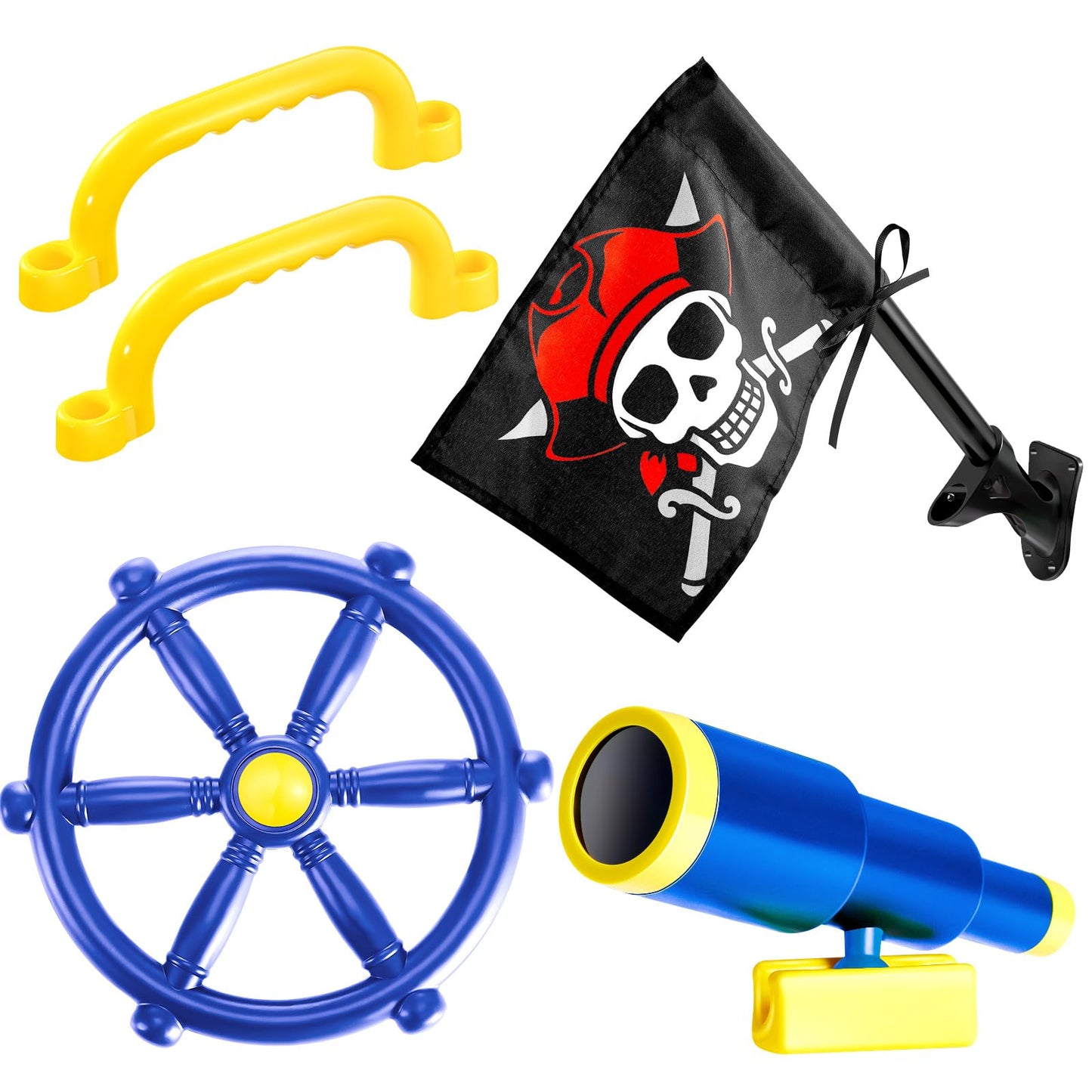 Junkin 5 Pcs Pirate Playset Accessories – Steering Wheel, Telescope, Safety Handles & Flag (Blue)