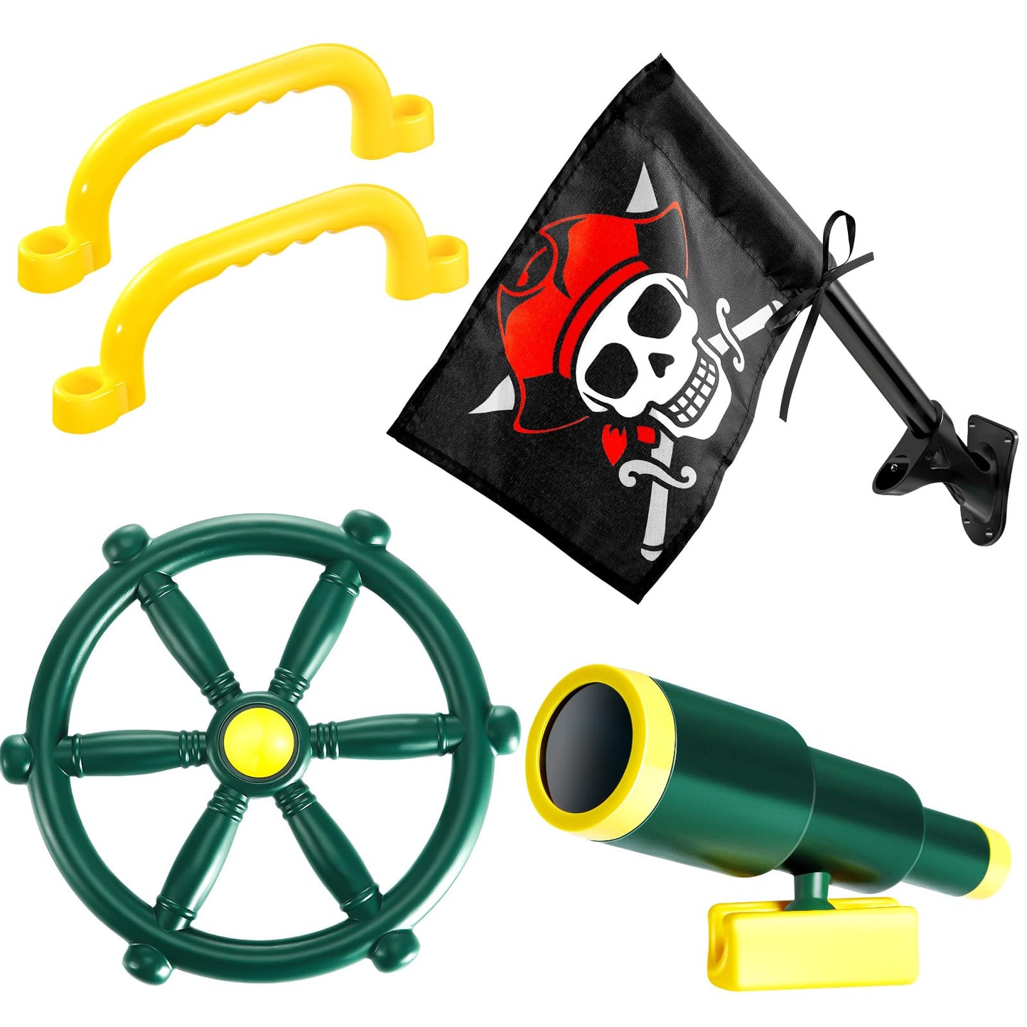 Junkin 5 Pcs Pirate Playset Accessories – Steering Wheel, Telescope, Safety Handles & Flag (Green)