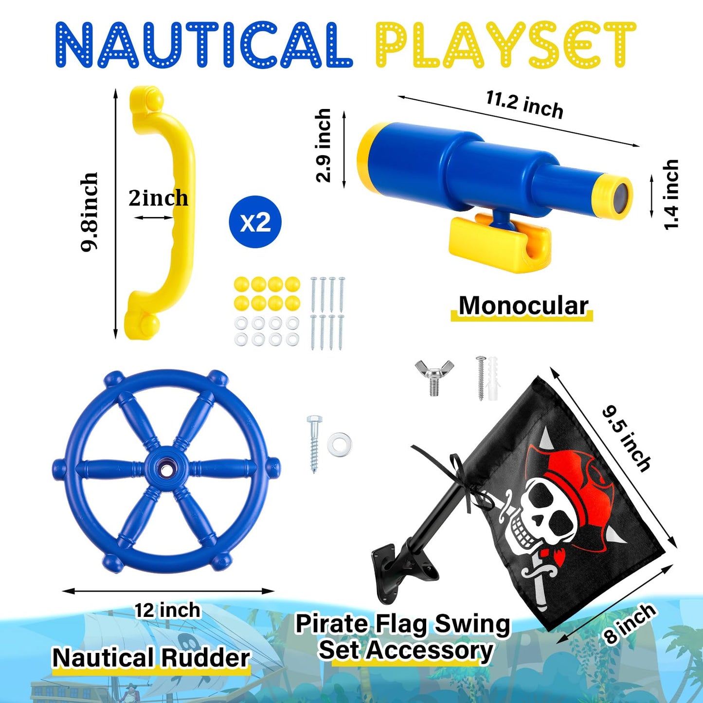 Junkin 5 Pcs Pirate Playset Accessories – Steering Wheel, Telescope, Safety Handles & Flag (Blue)