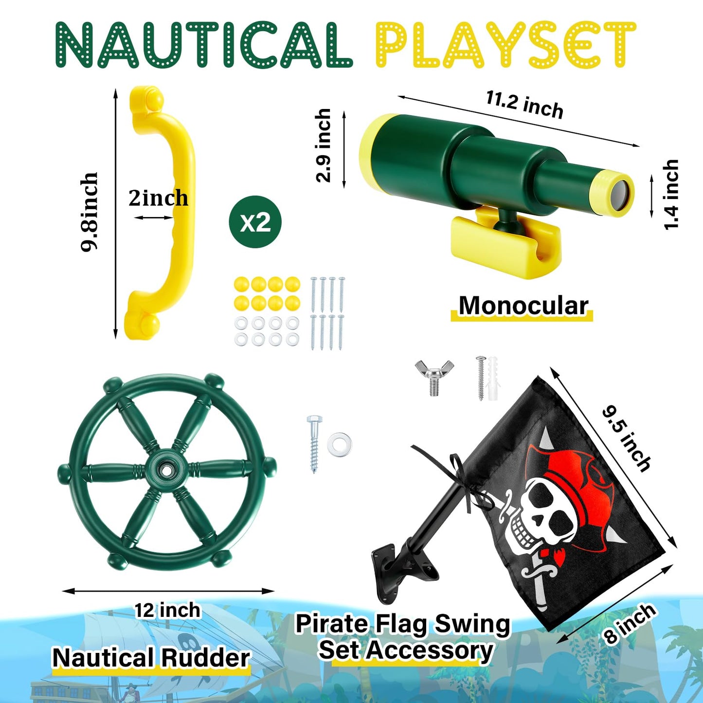 Junkin 5 Pcs Pirate Playset Accessories – Steering Wheel, Telescope, Safety Handles & Flag (Green)