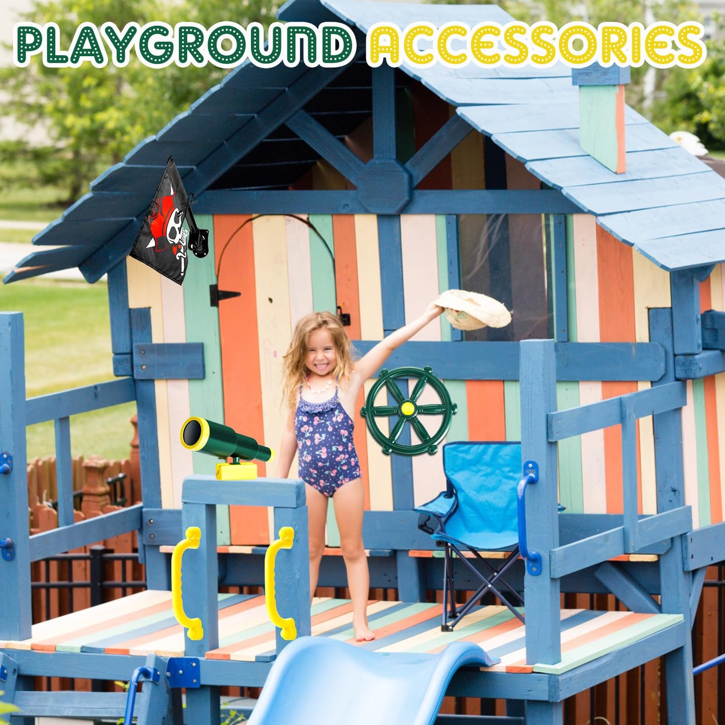 Junkin 5 Pcs Pirate Playset Accessories – Steering Wheel, Telescope, Safety Handles & Flag (Green)