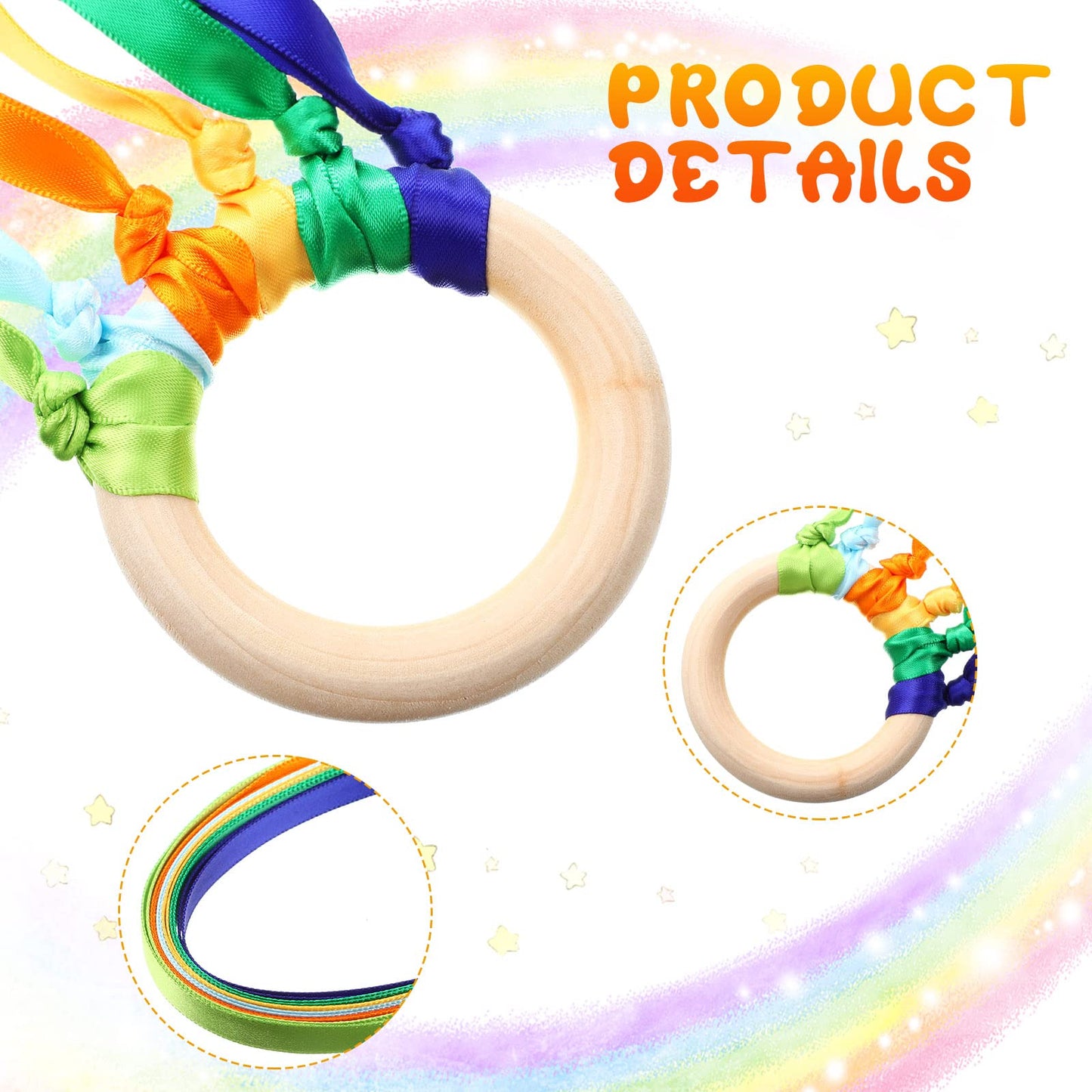 Junkin Ribbon Rings Hand Kite Waldorf Toy Set – Rainbow Streamers with Wood Ring (24 Pcs)