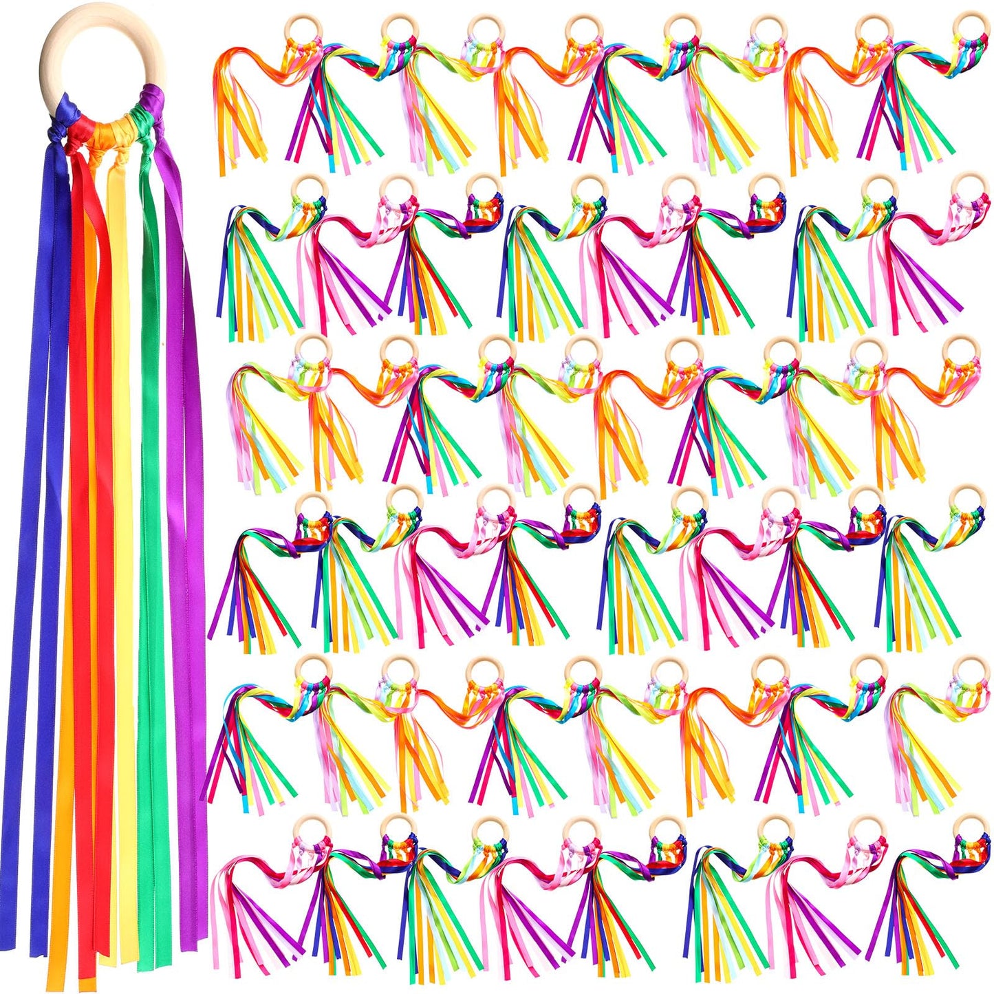 Junkin Ribbon Rings Hand Kite Waldorf Toy Set – Rainbow Streamers with Wood Ring (24 Pcs)