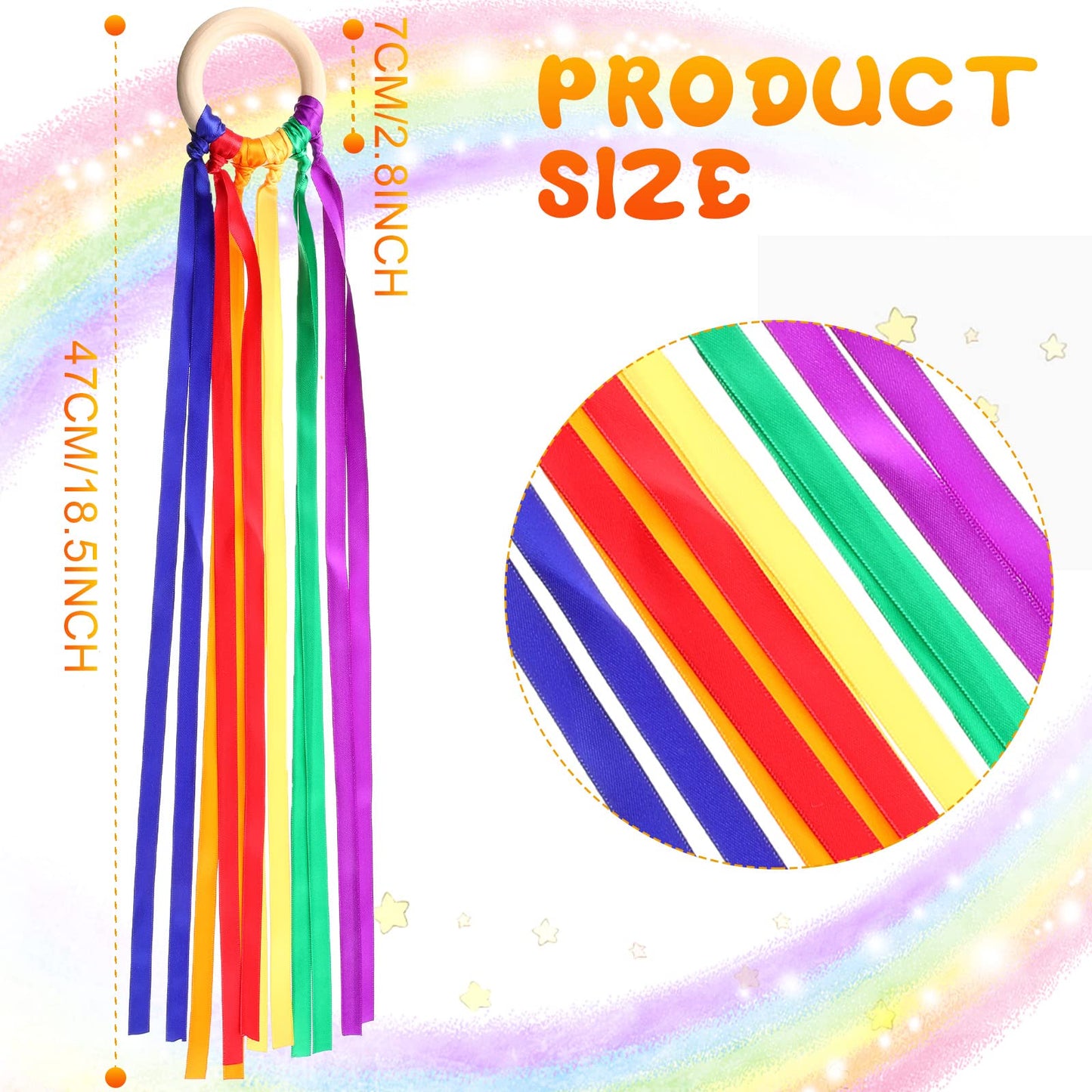 Junkin Ribbon Rings Hand Kite Waldorf Toy Set – Rainbow Streamers with Wood Ring (24 Pcs)