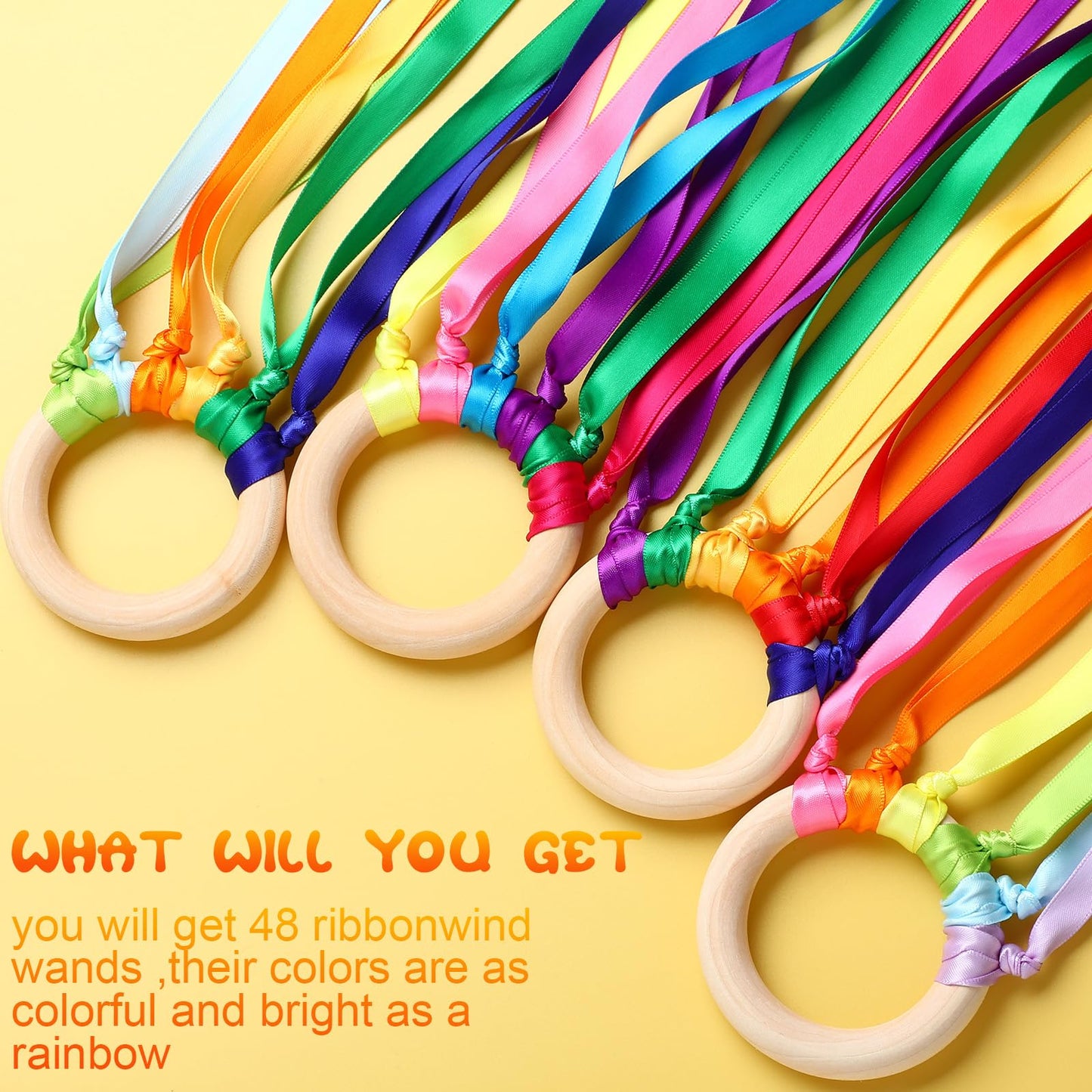 Junkin Ribbon Rings Hand Kite Waldorf Toy Set – Rainbow Streamers with Wood Ring (24 Pcs)