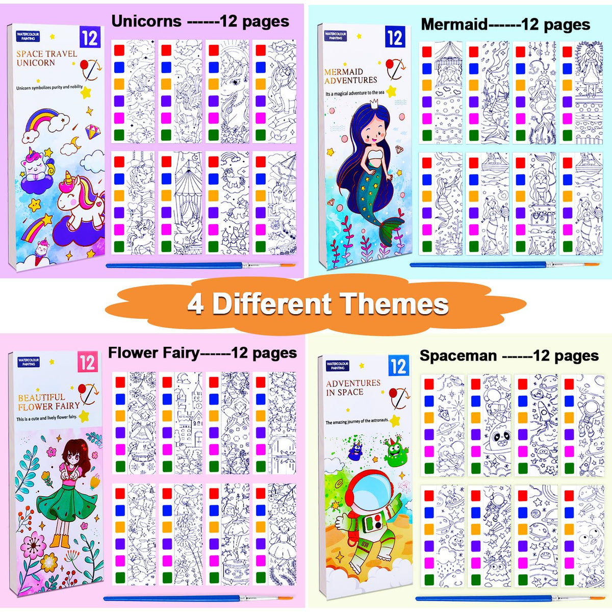 JUNQIU 4Pack Paint with Water Books for Kids – Mess-Free Watercolor Coloring & Gift Ideas