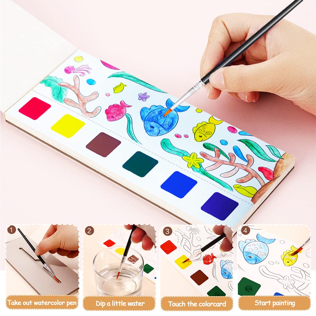 JUNQIU US Watercolor Coloring Books for Kids 4-8 | Pocket Painting Kit with 20 Patterns