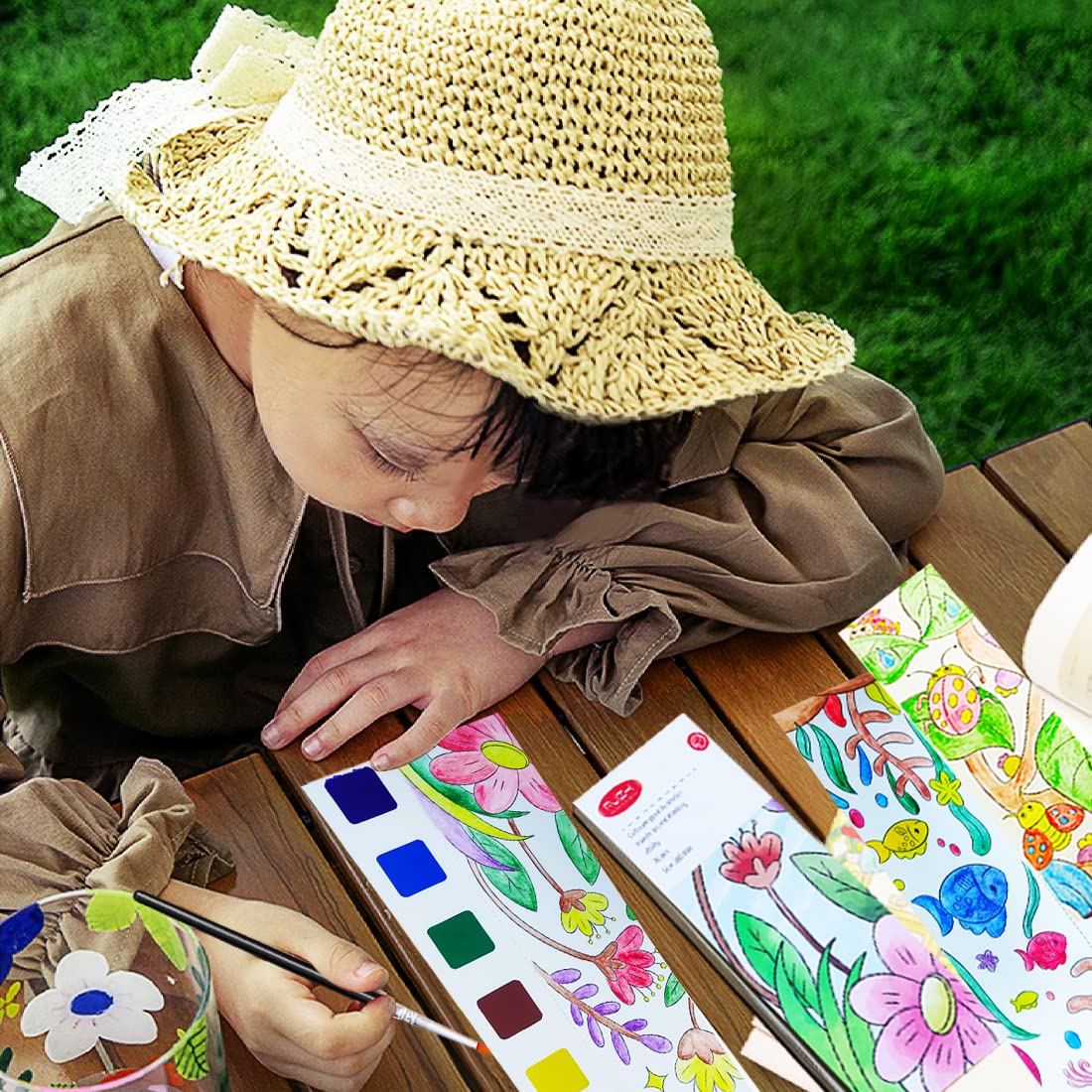 JUNQIU US Watercolor Coloring Books for Kids 4-8 | Pocket Painting Kit with 20 Patterns
