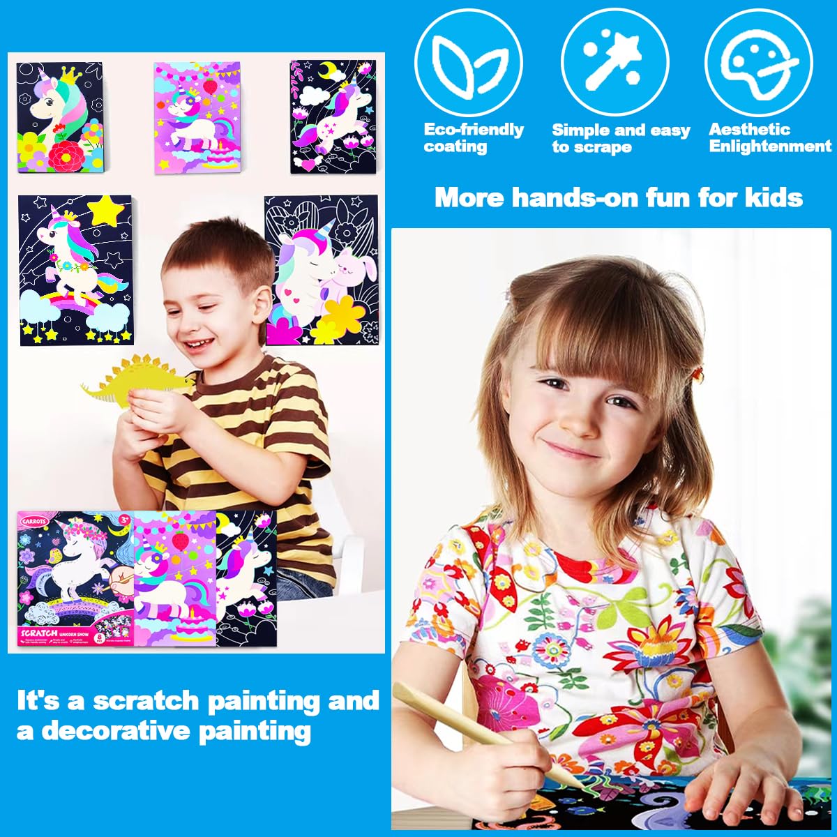 JUNQIU Scratch Art for Kids - Unicorns Black Rainbow Paper Set | Arts & Crafts & Supplies