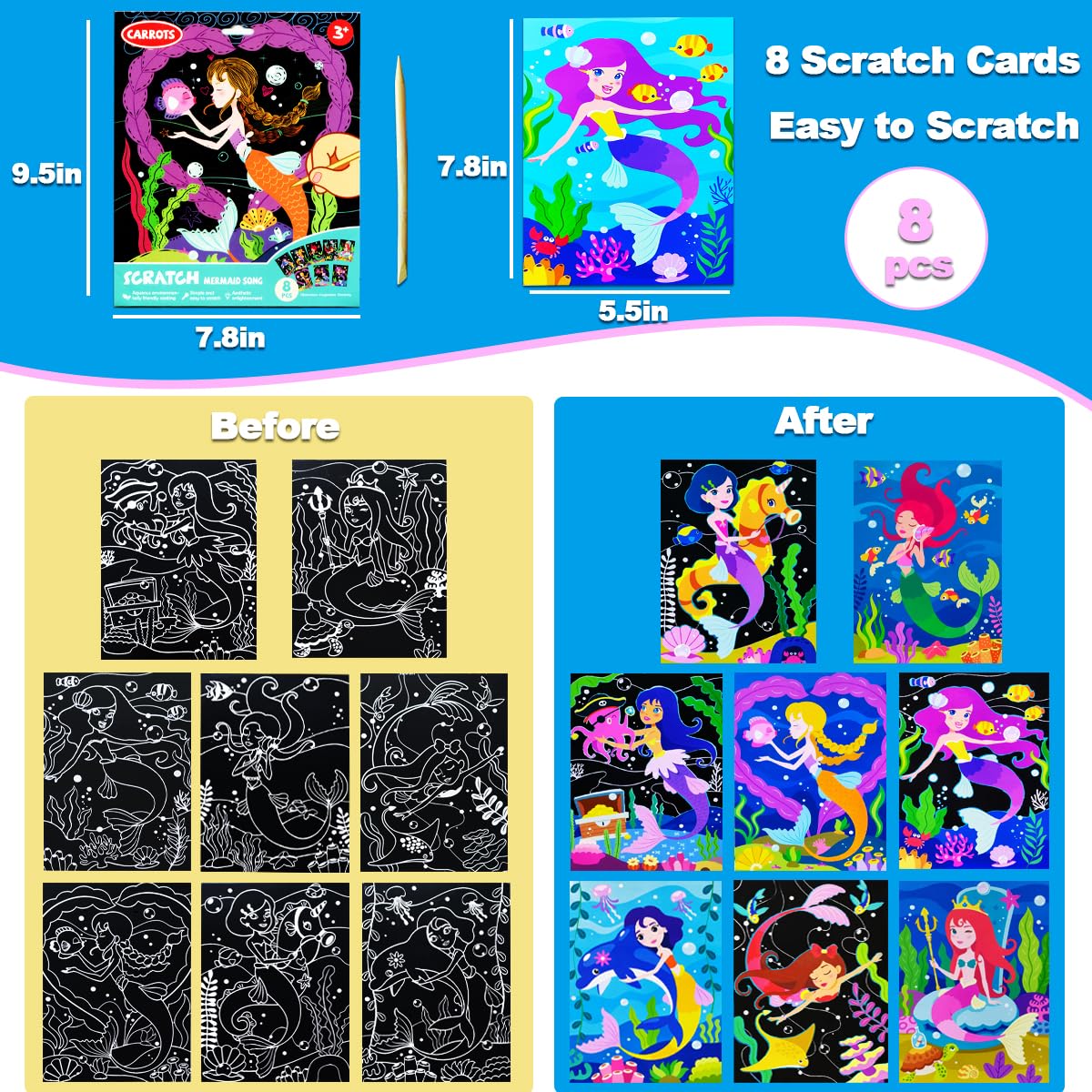 JUNQIU Scratch Art for Kids – Mermaid Rainbow Paper Set | Arts & Crafts Kit
