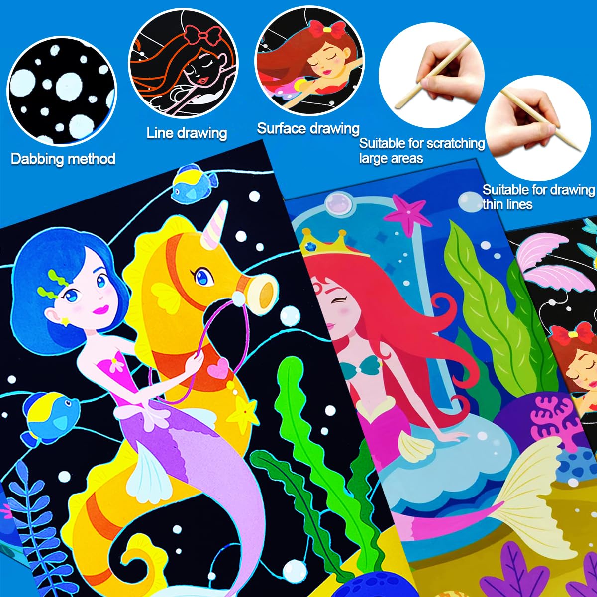 JUNQIU Scratch Art for Kids – Mermaid Rainbow Paper Set | Arts & Crafts Kit