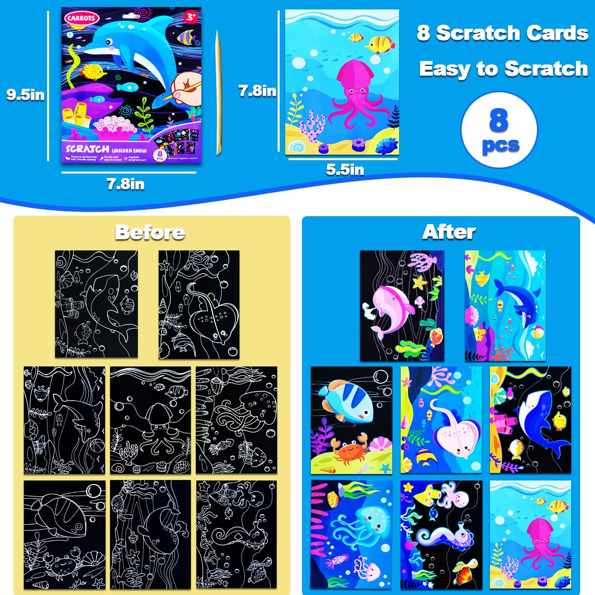 JUNQIU US Scratch Art for Kids: Ocean Animals Rainbow Paper Set | Arts & Crafts Kit