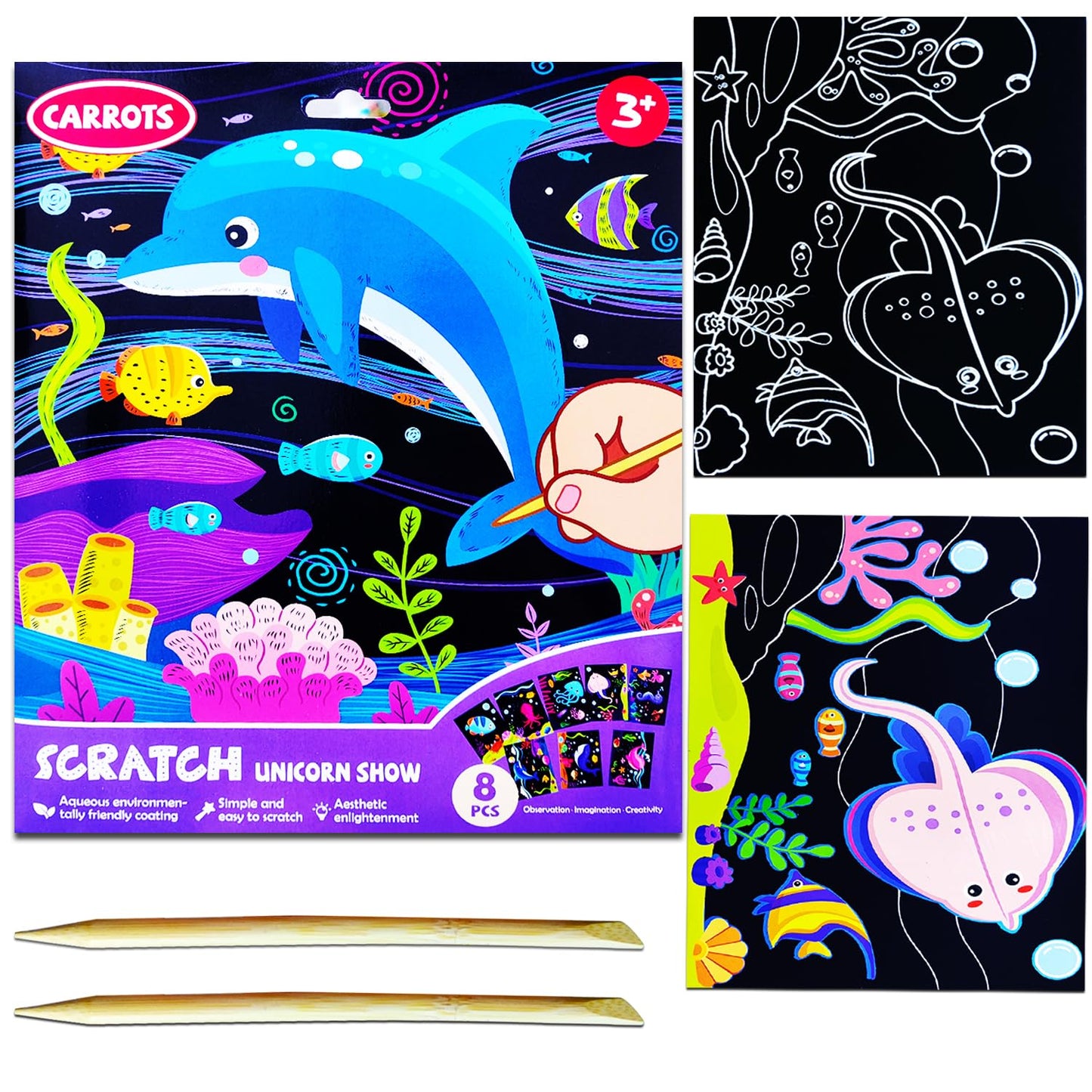 JUNQIU US Scratch Art for Kids: Ocean Animals Rainbow Paper Set | Arts & Crafts Kit