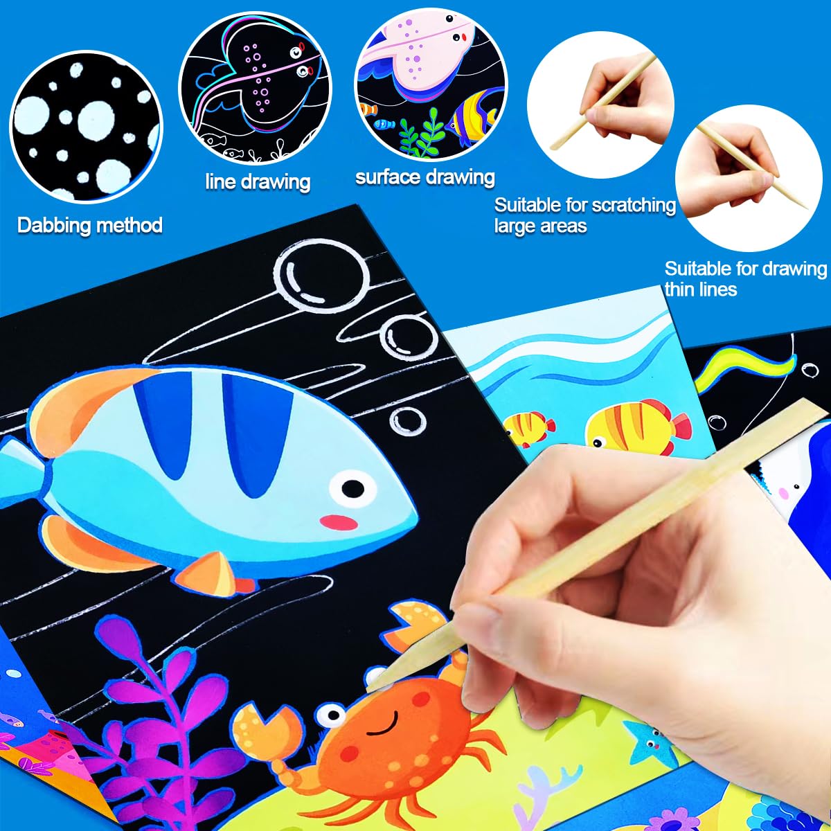 JUNQIU US Scratch Art for Kids: Ocean Animals Rainbow Paper Set | Arts & Crafts Kit