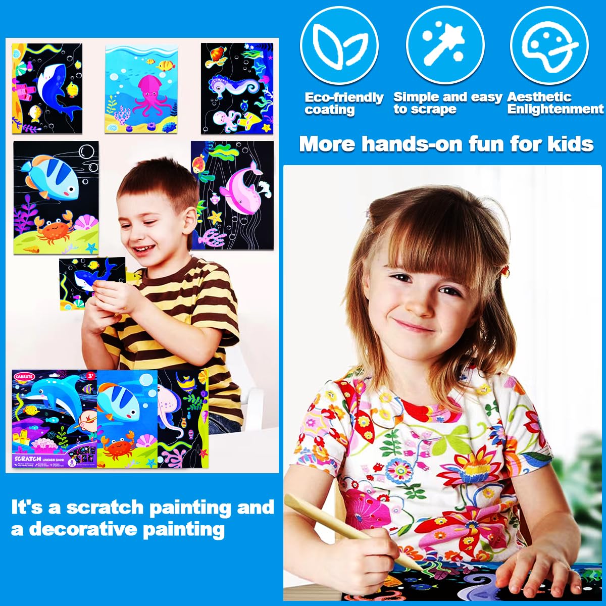 JUNQIU US Scratch Art for Kids: Ocean Animals Rainbow Paper Set | Arts & Crafts Kit