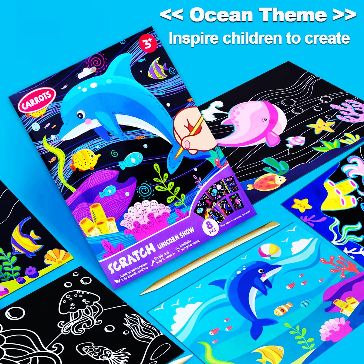 JUNQIU US Scratch Art for Kids: Ocean Animals Rainbow Paper Set | Arts & Crafts Kit