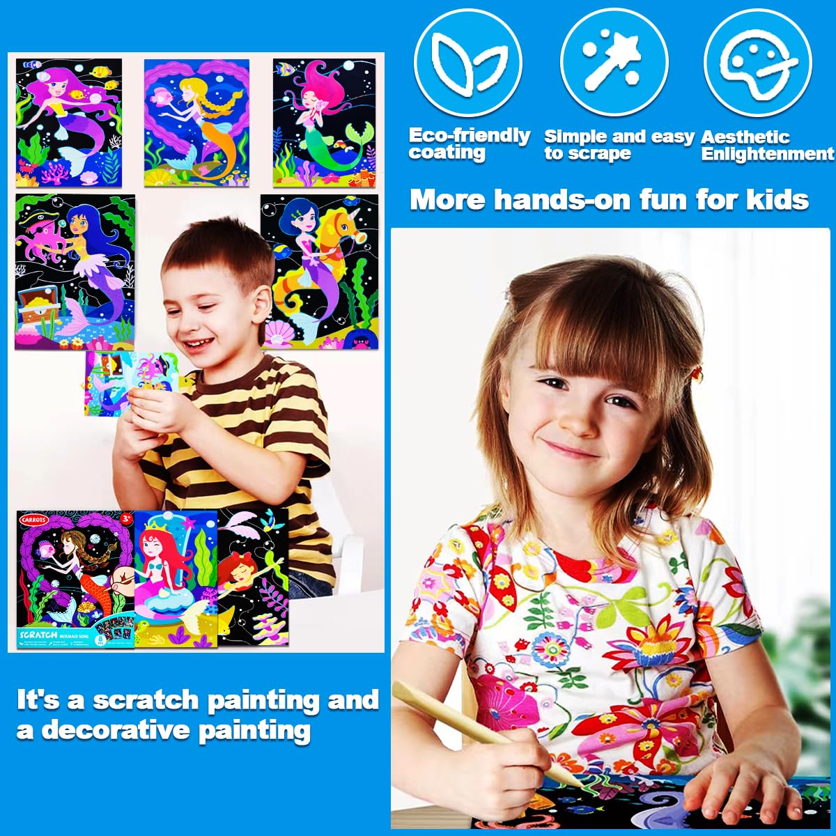 JUNQIU Scratch Art for Kids – Mermaid Rainbow Paper Set | Arts & Crafts Kit