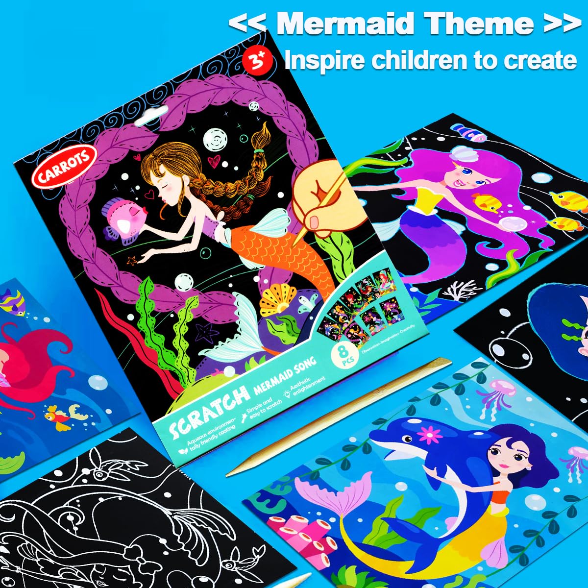 JUNQIU Scratch Art for Kids – Mermaid Rainbow Paper Set | Arts & Crafts Kit
