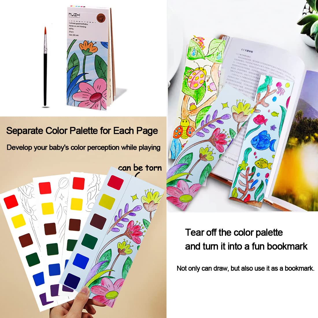 JUNQIU US Watercolor Coloring Books for Kids 4-8 | Pocket Painting Kit with 20 Patterns
