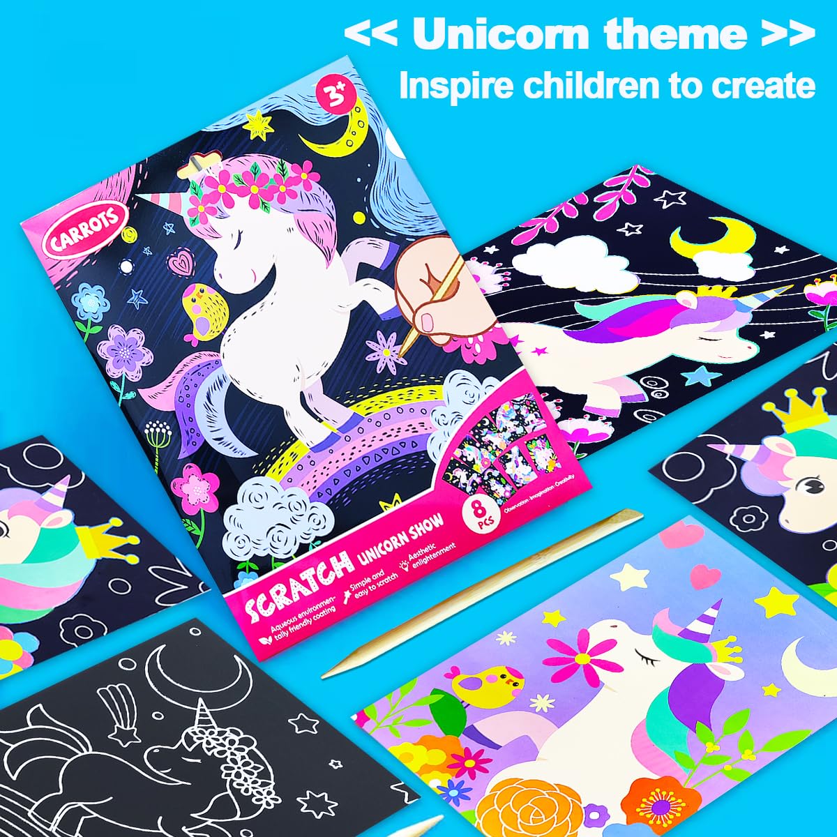 JUNQIU Scratch Art for Kids - Unicorns Black Rainbow Paper Set | Arts & Crafts & Supplies