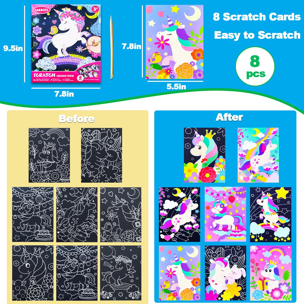 JUNQIU Scratch Art for Kids - Unicorns Black Rainbow Paper Set | Arts & Crafts & Supplies