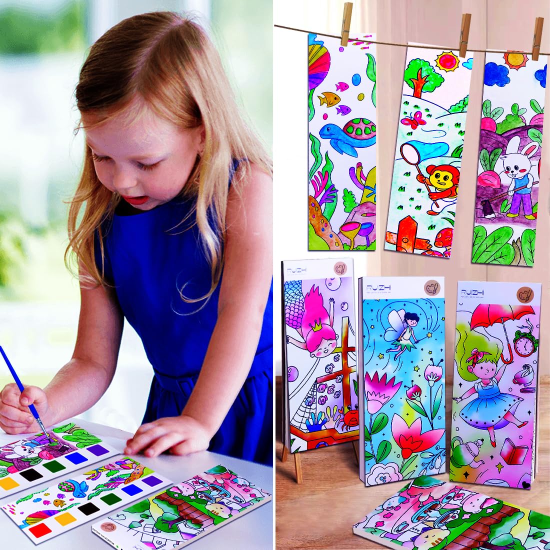 JUNQIU US 4-Pack Paint with Water Books for Kids Aged 4-8 – Mess-Free Watercolor Coloring Set