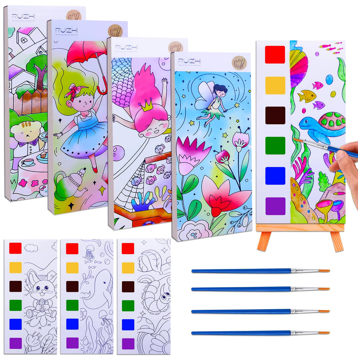 JUNQIU US 4-Pack Paint with Water Books for Kids Aged 4-8 – Mess-Free Watercolor Coloring Set