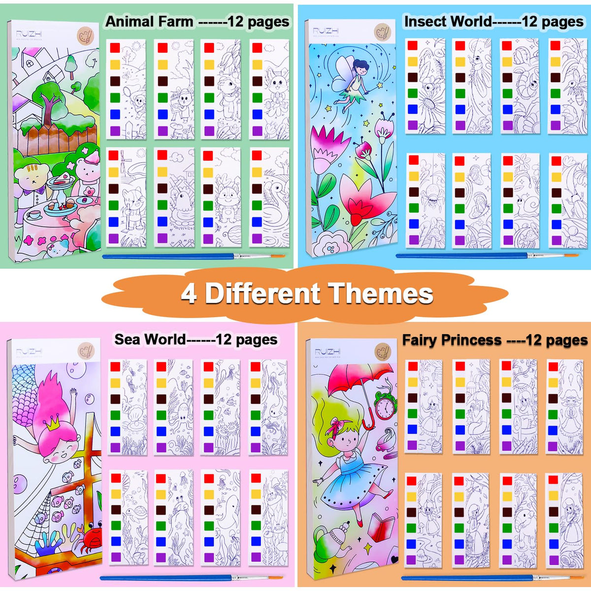 JUNQIU US 4-Pack Paint with Water Books for Kids Aged 4-8 – Mess-Free Watercolor Coloring Set
