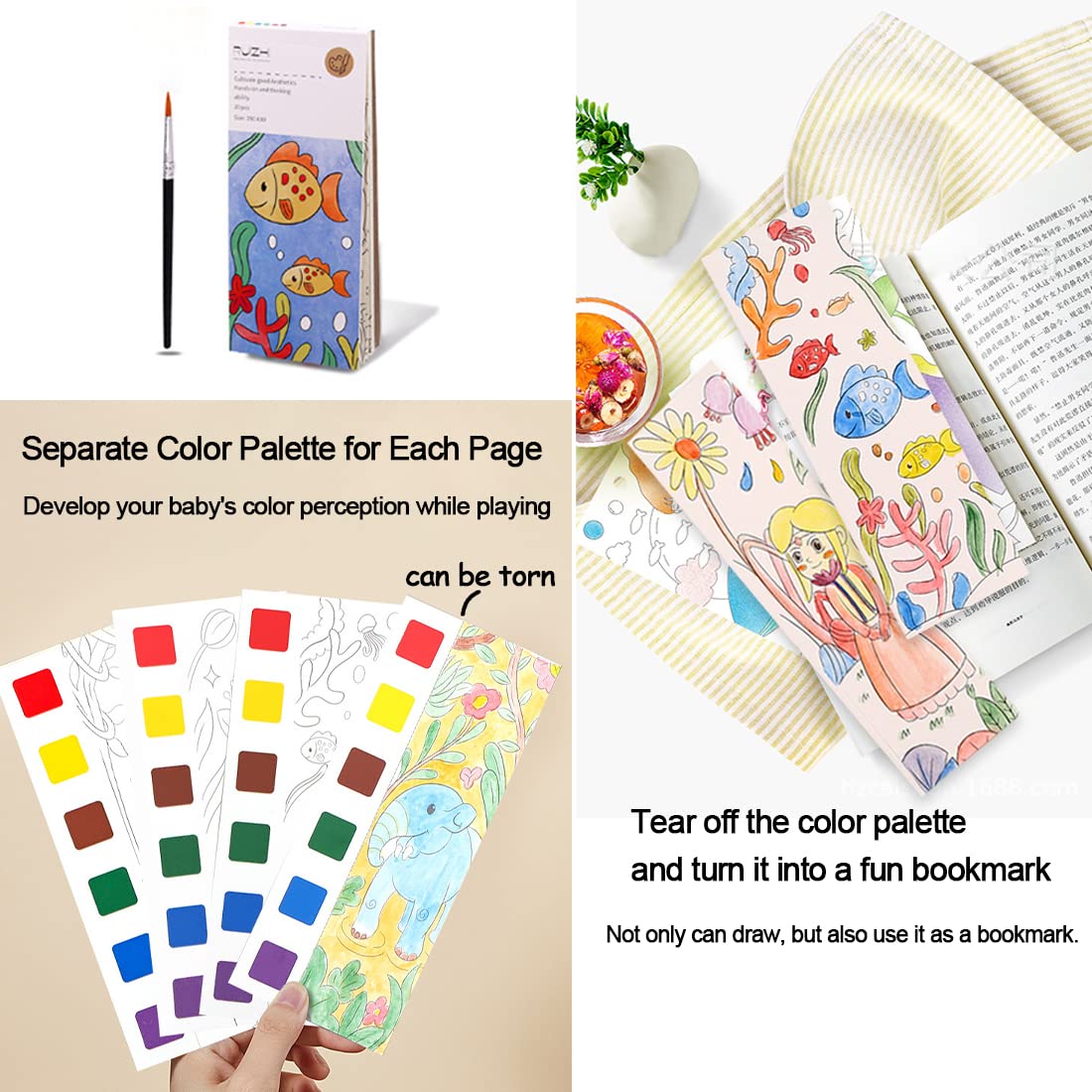 JUNQIU Watercolor Coloring Books for Kids 4-8 | Pocket Painting Set with Brushes & Paints